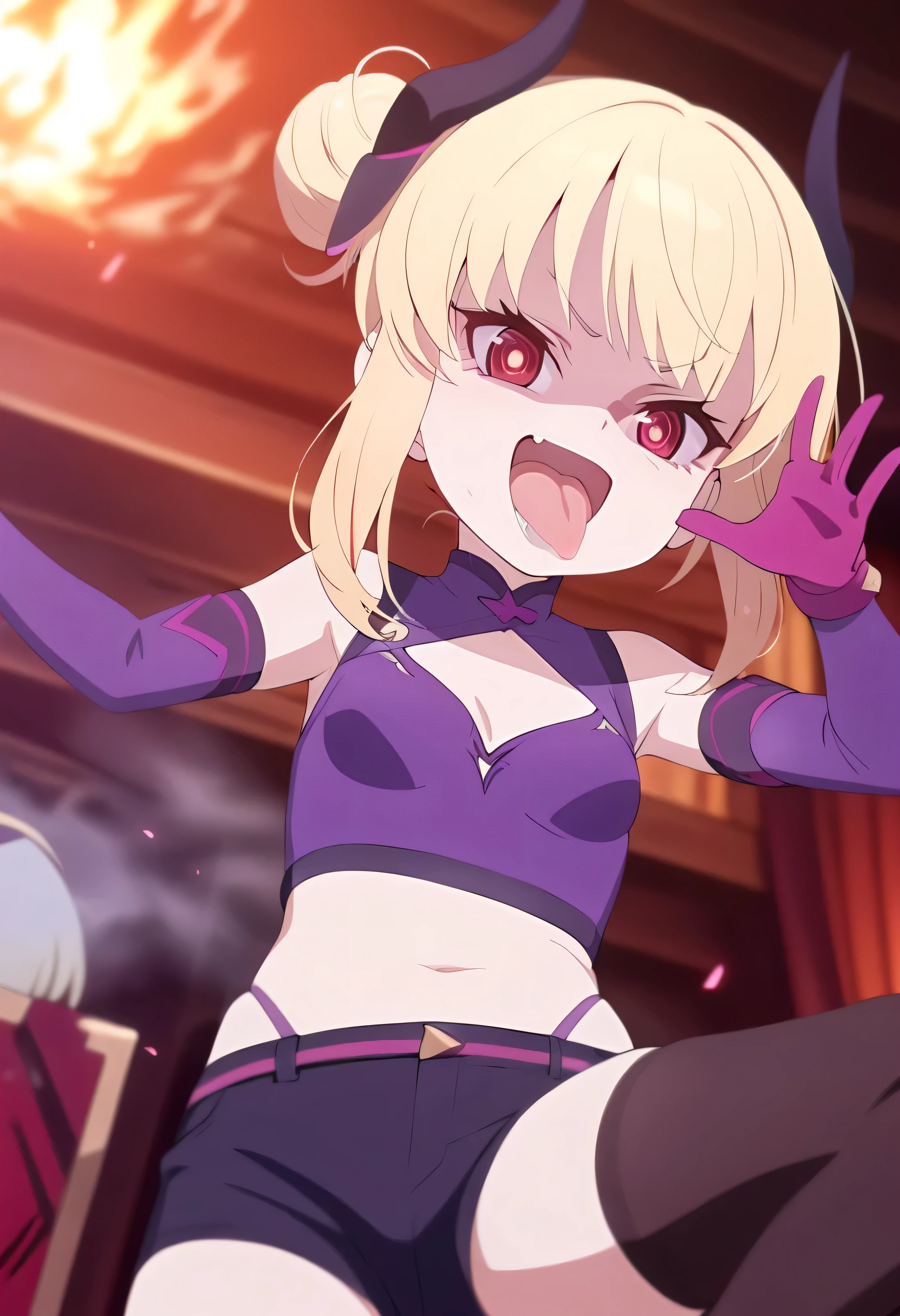 masterpiece, best quality, good quality, newest, CEL, AnFit, red eyes, blonde hair, purple crop top, 1girl, tongue out, black thighhighs, looking at viewer, purple gloves, cowboy shot, short shorts, black shorts, small breasts, highleg panties, hair ornament, , underwear, hand up, panty straps, smile, cleavage cutout, , open mouth, purple panties, two-tone , pink gloves, sidelocks, outline1girl, blonde hair,masterpiece , best quality, , lookin under, ,, smile, purple brassiere, from below,evil laugh, small girl,small loli,beautiful body,villain pose,short hair,shaded face(eyes in shadow),1girl,violence,attack,kick,hell background,