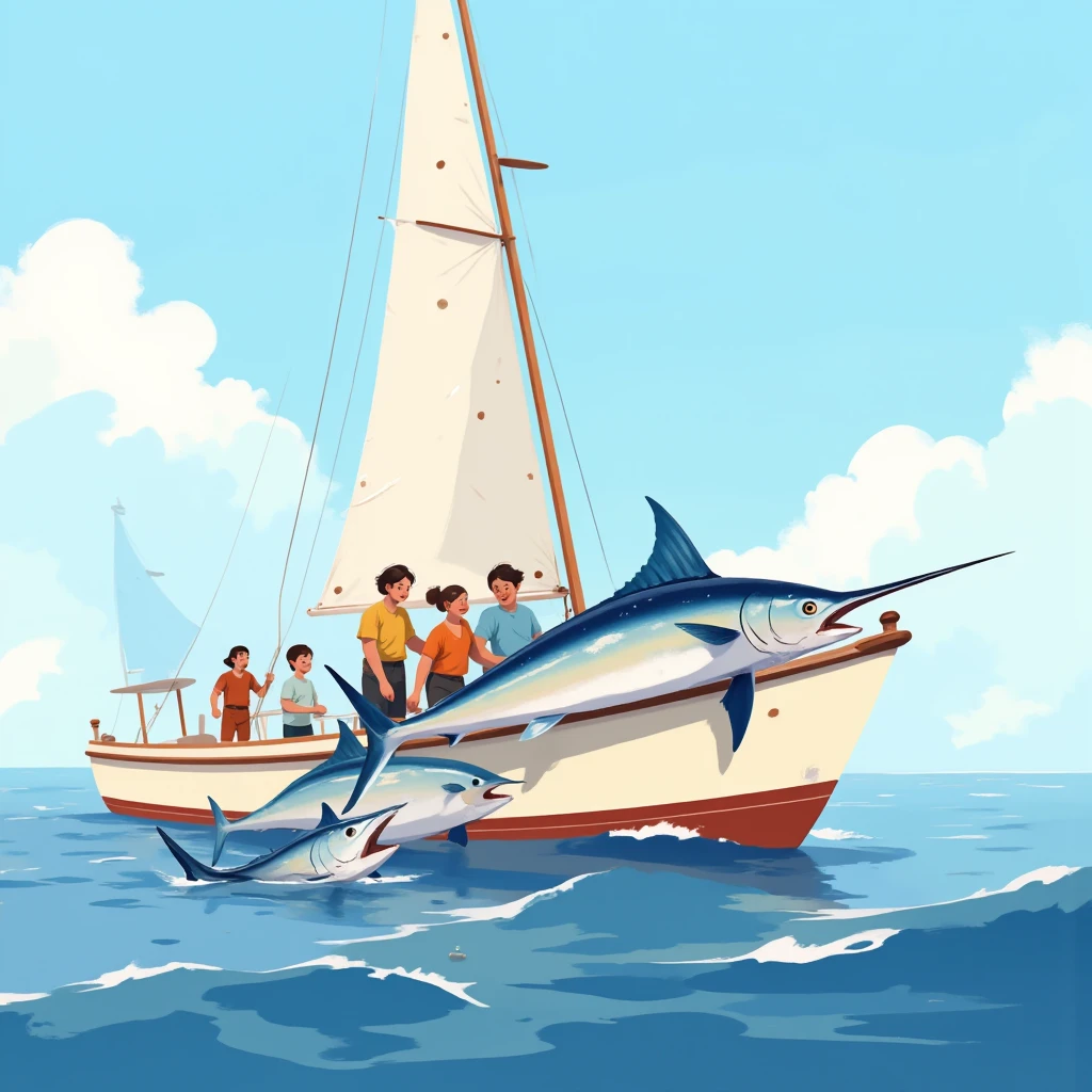 Flat detail of a large sailfish and two sawfish caught by young people who are in a cream-colored sailboat,  with a red stripe on the top of the bow, Sunny day, calm sea, alta definición
