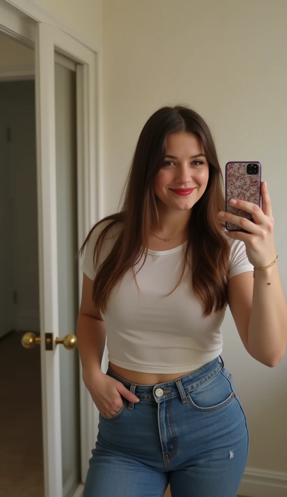「Woman taking selfie in front of mirror。Wearing a tight pink T-shirt and light blue jeans。A woman stands in front of a mirror、Taking a picture of yourself with your smartphone。Have long hair、Wearing casual clothes。In the background you can see white walls and a simple interior.。Very high quality、Highly detailed and realistic photo-realistic textures。Accurately expressed light reflections and shadows、Photorealistic depiction。