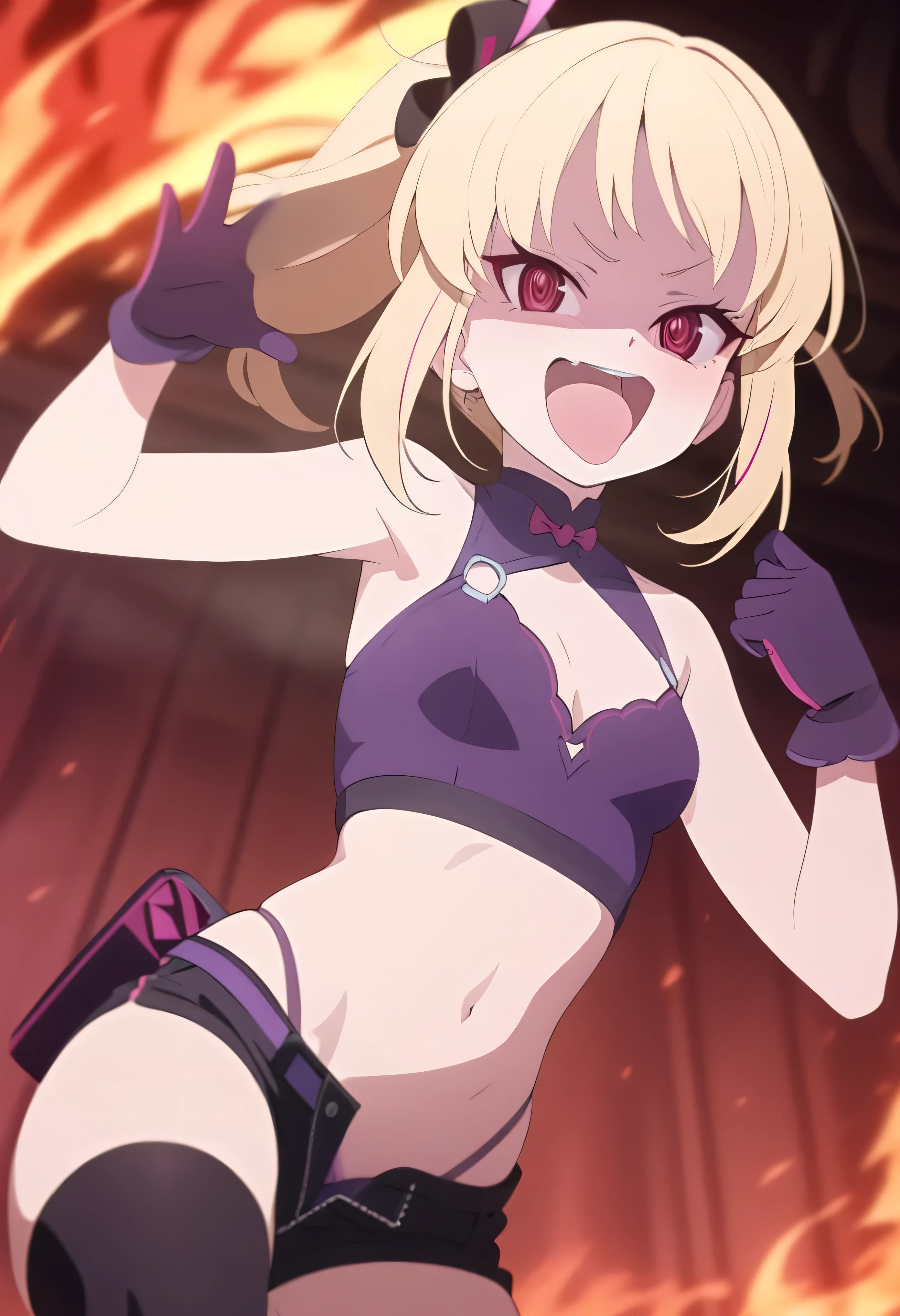 masterpiece, best quality, good quality, newest, CEL, AnFit, red eyes, blonde hair, purple crop top, 1girl, tongue out, black thighhighs, looking at viewer, purple gloves, cowboy shot, short shorts, black shorts, small breasts, highleg panties, hair ornament, , underwear, hand up, panty straps, smile, cleavage cutout, , open mouth, purple panties, two-tone , pink gloves, sidelocks, outline1girl, blonde hair,masterpiece , best quality, , lookin under, ,, smile, purple brassiere, from below,evil laugh, small girl,small loli,beautiful body,villain pose,short hair,shaded face(eyes in shadow),1girl,violence,attack,kick,hell background,