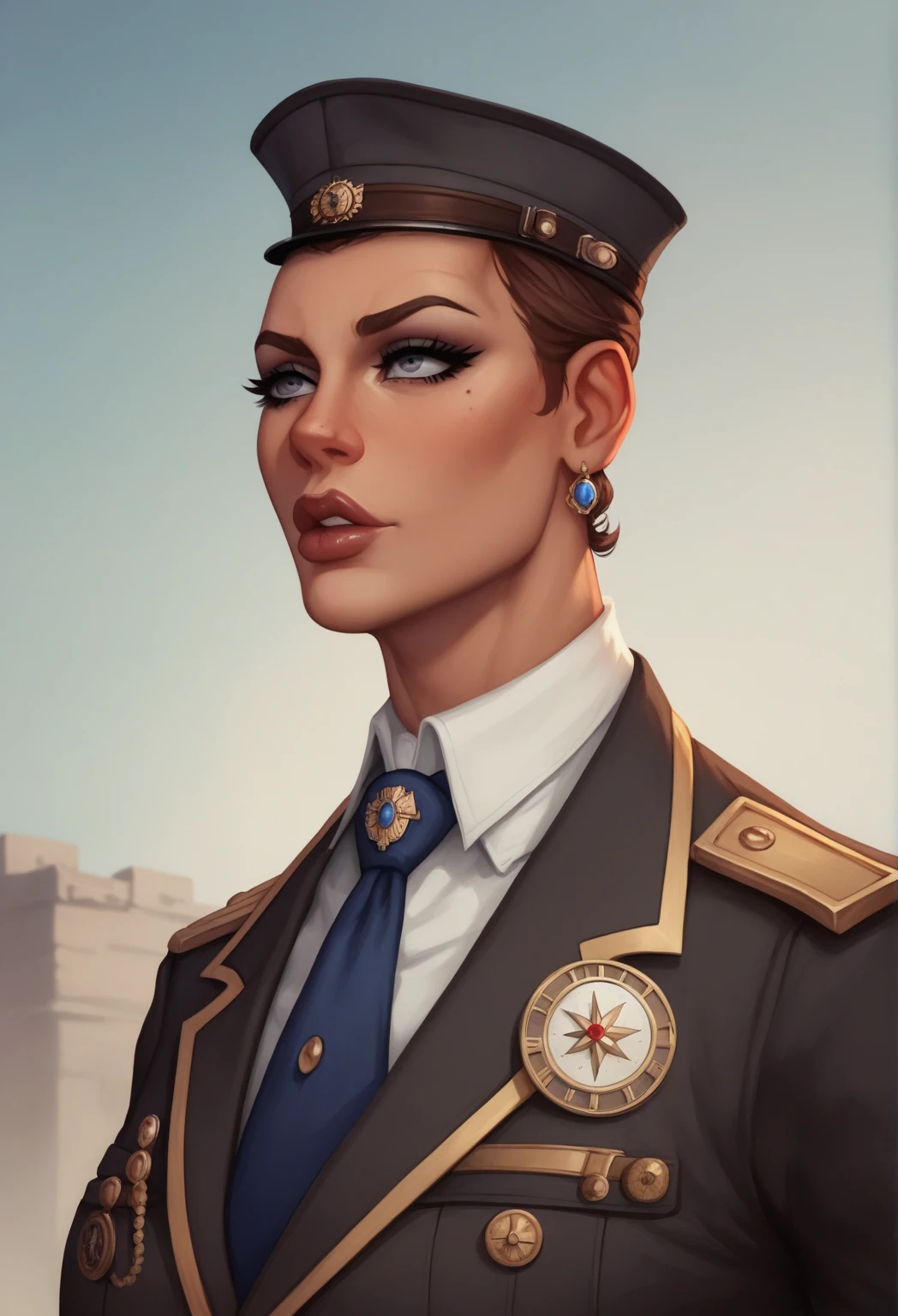 score_9, score_8_up, score_7_up, score_6_up, score_5_up, A tall, imposing black man with saddle brown skin, a distinctive hooked nose, full lips, and downturned grey eyes fringed with long eyelashes, stands proudly in his military uniform, his brownish black long curly twists neatly tied back, set against the dark, gritty, and dystopian backdrop of the undercity from the Arcane TV show, with a hint of steampunk machinery and flickering luminescent signs reflecting off his stern expression, as if he has just stepped out of a screen cap from the show, his eyes gleaming with a sense of duty and loyalty, his presence exuding an air of quiet confidence and authority, reminiscent of the characters from the Arcane universe, such as Vi or Caitlyn, but with a unique and captivating aura all his own