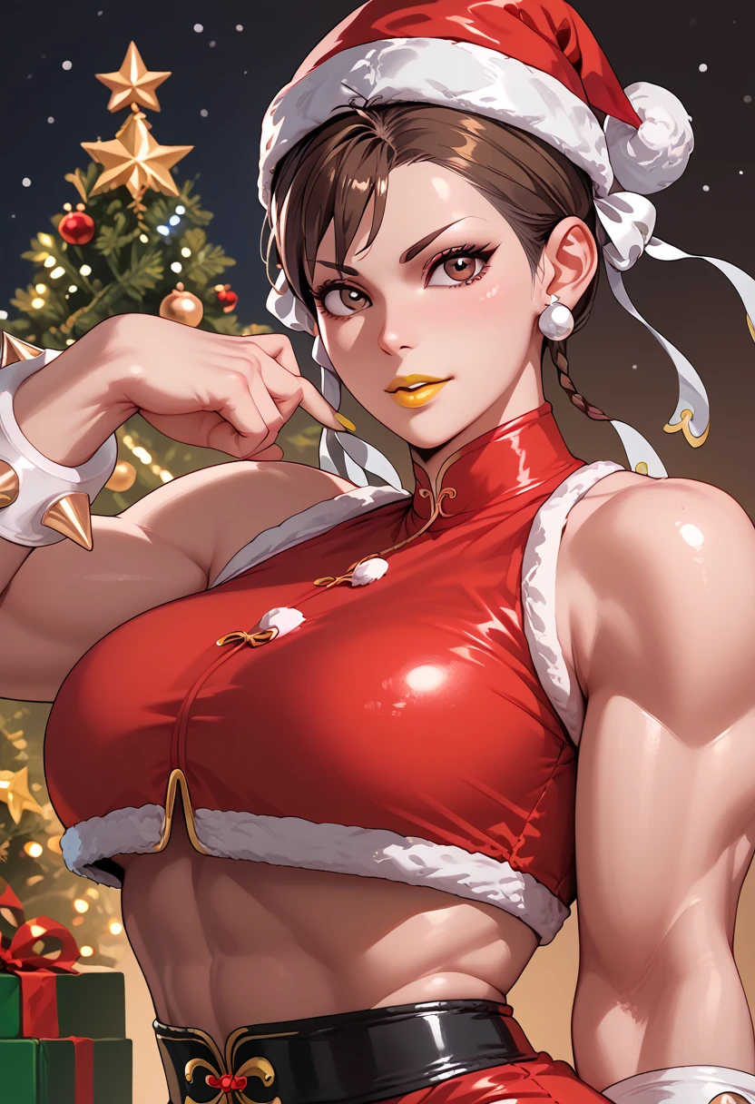 Chunli, brown hair, white skin, brown eyes, strong physique, large breasts, Christmas outfit, Christmas, looking at viewer, yellow lipstick, thin