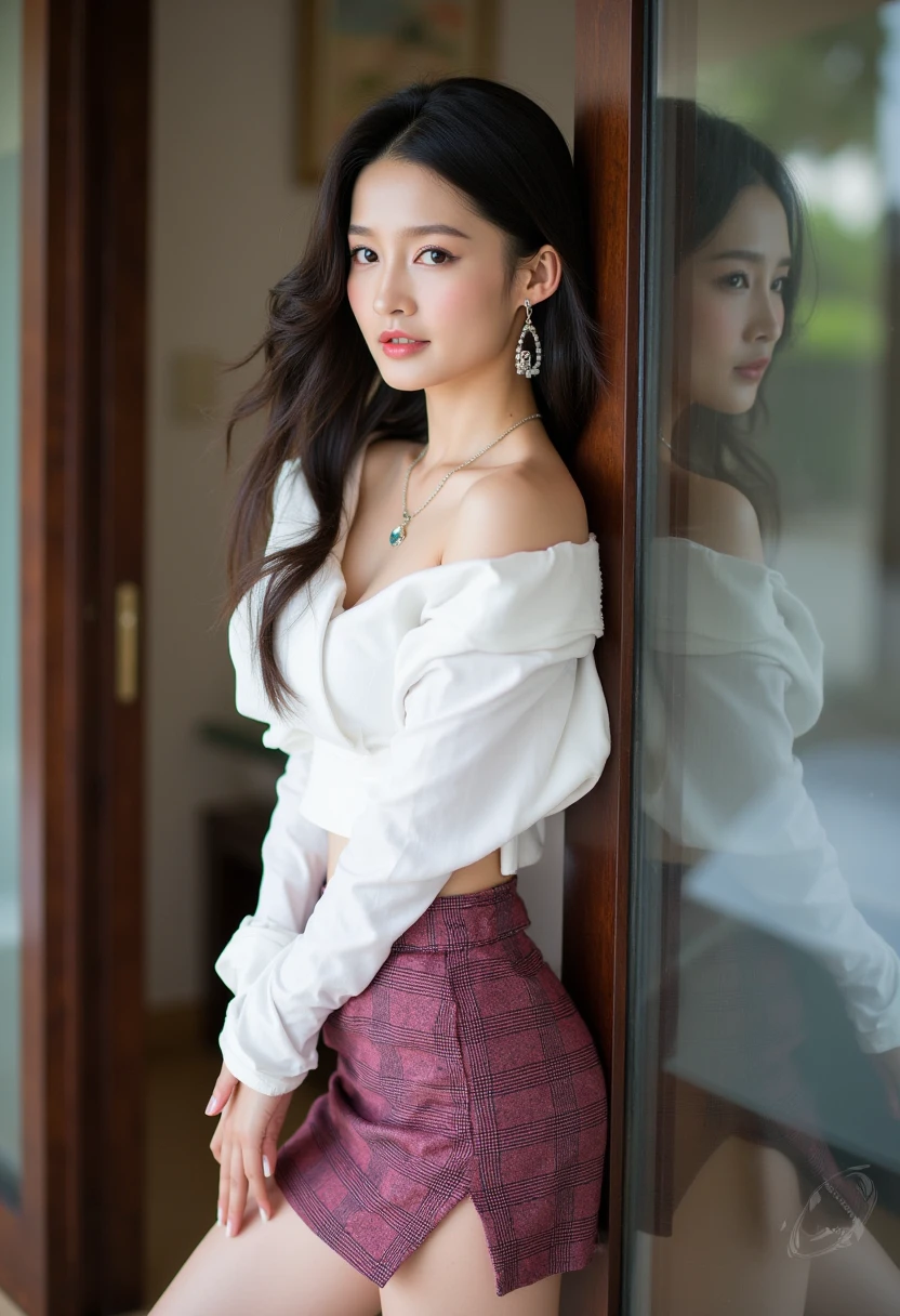 an 18-year-old beautiful and cute Thai woman with a good figure, black long hair, beauty legs, Show legs , full body, and A-cup breasts , Earrings, watches, handbags, necklaces. She wears an off-the-shoulder, white top with long sleeves and a dark pink high-waisted sexy hot tight short micro plaid skirt , The skirt has a slit on the left front, revealing a 20 cm long thigh. She leaned against the door of the resort room and posed sexy. Adding a touch of elegance and femininity. The background includes a door of room in resort. The scene captures her youthful charm and delicate pose, with the background softly blurred, focusing attention on her intricate details and the subtle expression of her beauty.