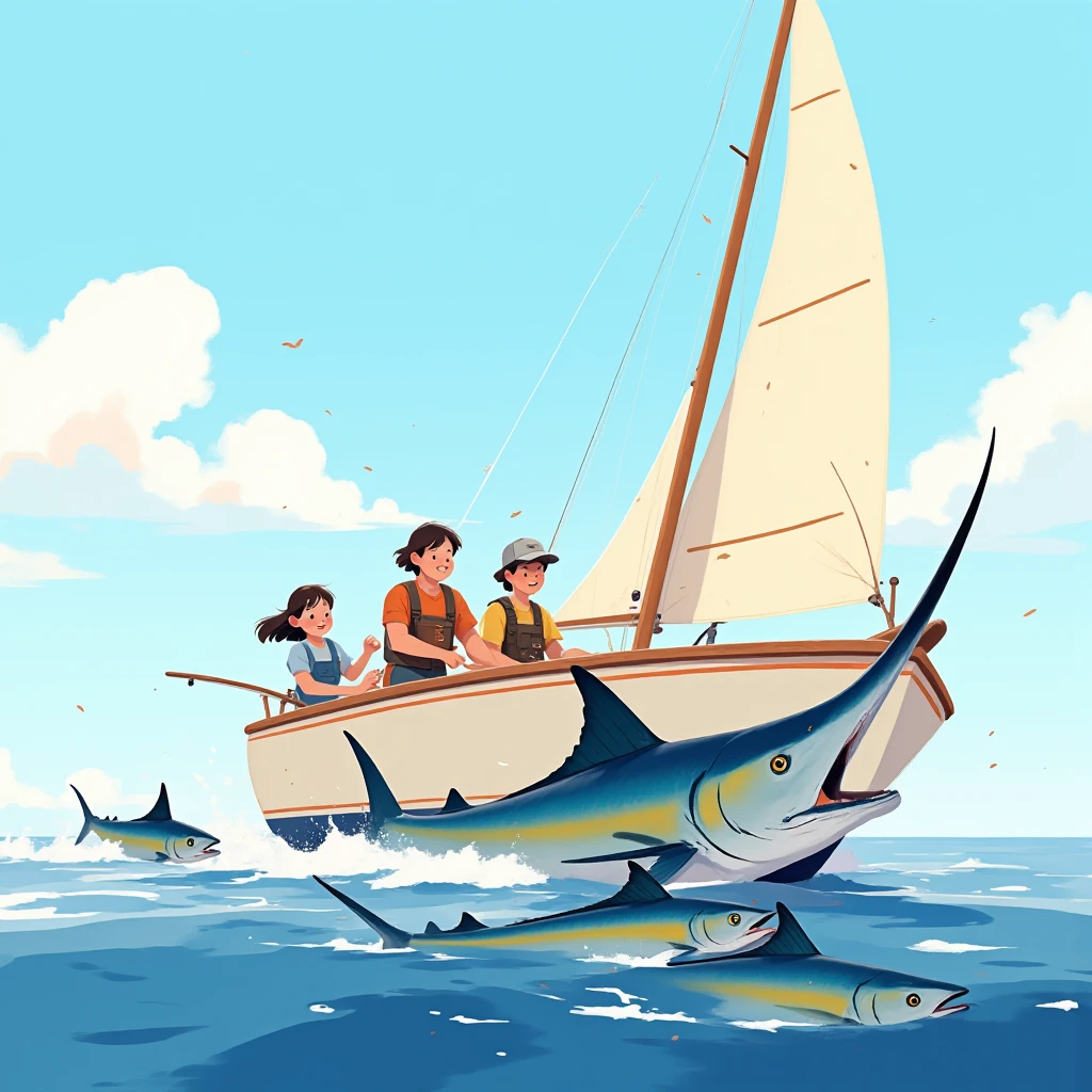 Flat detail of a large sailfish and two sawfish caught by young people who are in a cream-colored sailboat,  with a red stripe on the top of the bow, Sunny day, calm sea, alta definición
