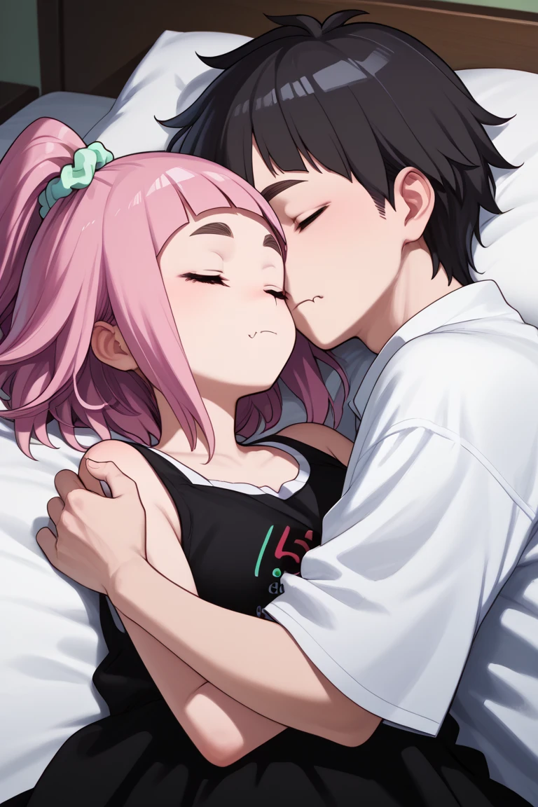  source_anime,
kiuiwatase, kiui watase, short hair, bangs, hair ornament, green eyes, pink hair, thick eyebrows, hair scrunchie, scrunchie, ponytail, blunt bangs,
skin fang, large breasts,            couple, lying together, 1girl, shorter arms,smaller, petite, holding him,1male, close to her, 1girl, 1boy, couple (relationship), sleeping together, couple, hetero male, light skinnend male black haired male, on bed, lying on bed, bedroom, cowboy shot, male with black hair,