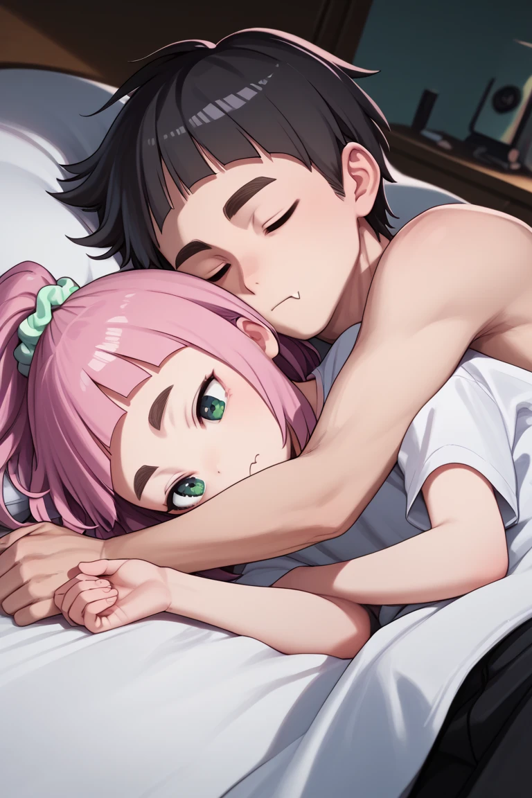  source_anime,
kiuiwatase, kiui watase, short hair, bangs, hair ornament, green eyes, pink hair, thick eyebrows, hair scrunchie, scrunchie, ponytail, blunt bangs,
skin fang, large breasts,            couple, lying together, 1girl, shorter arms,smaller, petite, holding him,1male, close to her, 1girl, 1boy, couple (relationship), sleeping together, couple, hetero male, light skinnend male black haired male, on bed, lying on bed, bedroom, cowboy shot, male with black hair,