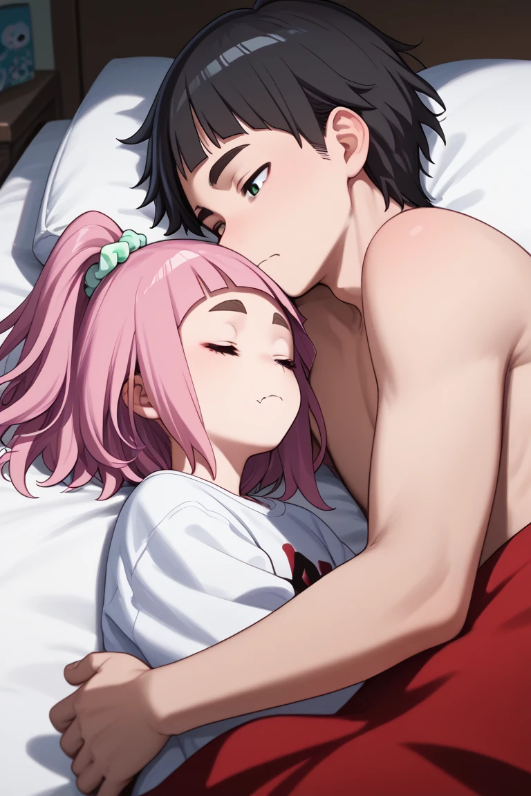  source_anime,
kiuiwatase, kiui watase, short hair, bangs, hair ornament, green eyes, pink hair, thick eyebrows, hair scrunchie, scrunchie, ponytail, blunt bangs,
skin fang, large breasts,            couple, lying together, 1girl, shorter arms,smaller, petite, holding him,1male, close to her, 1girl, 1boy, couple (relationship), sleeping together, couple, hetero male, light skinnend male black haired male, on bed, lying on bed, bedroom, cowboy shot, male with black hair,