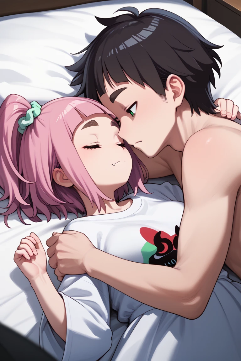  source_anime,
kiuiwatase, kiui watase, short hair, bangs, hair ornament, green eyes, pink hair, thick eyebrows, hair scrunchie, scrunchie, ponytail, blunt bangs,
skin fang, large breasts,            couple, lying together, 1girl, shorter arms,smaller, petite, holding him,1male, close to her, 1girl, 1boy, couple (relationship), sleeping together, couple, hetero male, light skinnend male black haired male, on bed, lying on bed, bedroom, cowboy shot, male with black hair,