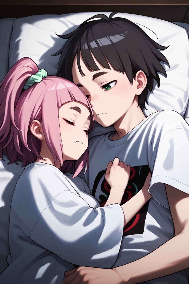  source_anime,
kiuiwatase, kiui watase, short hair, bangs, hair ornament, green eyes, pink hair, thick eyebrows, hair scrunchie, scrunchie, ponytail, blunt bangs,
skin fang, large breasts,            couple, lying together, 1girl, shorter arms,smaller, petite, holding him,1male, close to her, 1girl, 1boy, couple (relationship), sleeping together, couple, hetero male, light skinnend male black haired male, on bed, lying on bed, bedroom, cowboy shot, male with black hair,