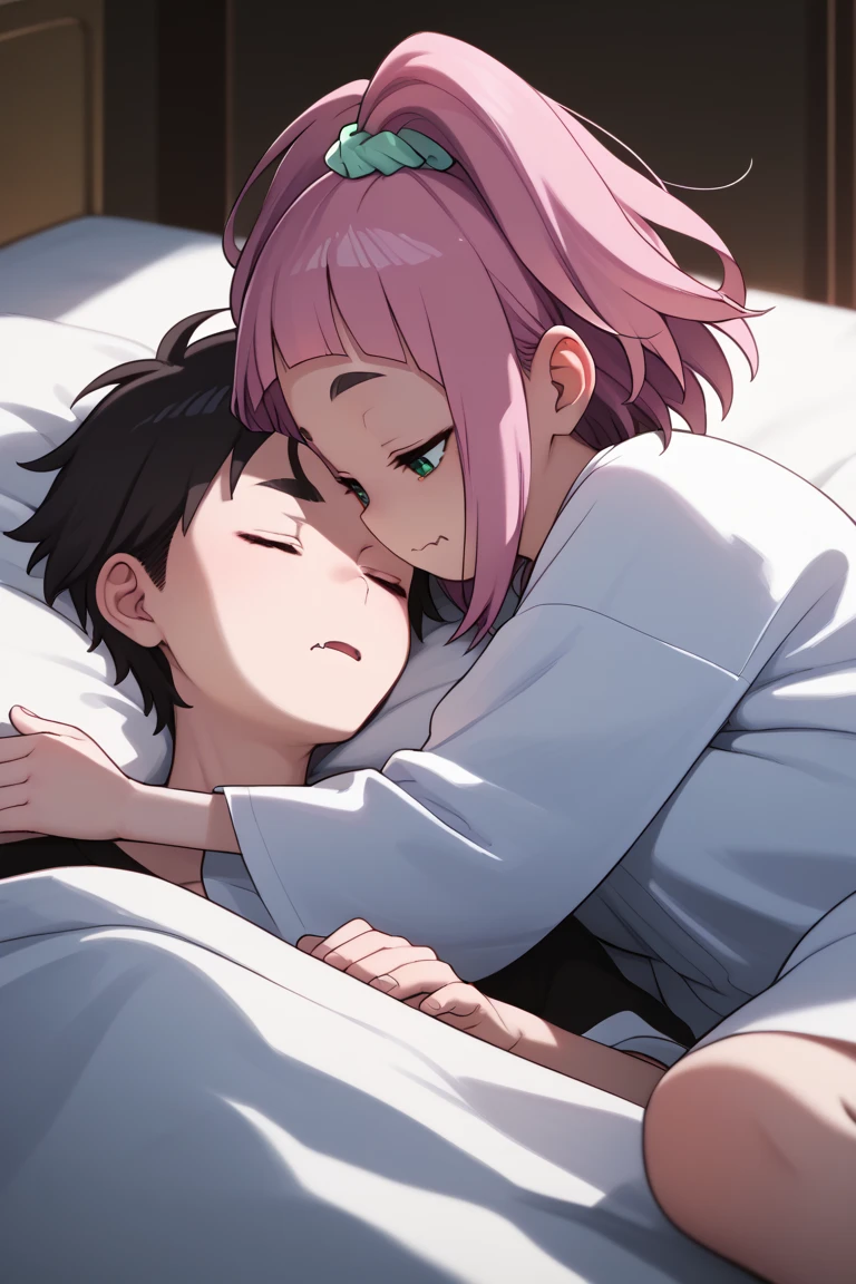  source_anime,
kiuiwatase, kiui watase, short hair, bangs, hair ornament, green eyes, pink hair, thick eyebrows, hair scrunchie, scrunchie, ponytail, blunt bangs,
skin fang, large breasts,            couple, lying together, 1girl, shorter arms,smaller, petite, holding him,1male, close to her, 1girl, 1boy, couple (relationship), sleeping together, couple, hetero male, light skinnend male black haired male, on bed, lying on bed, bedroom, cowboy shot, male with black hair,