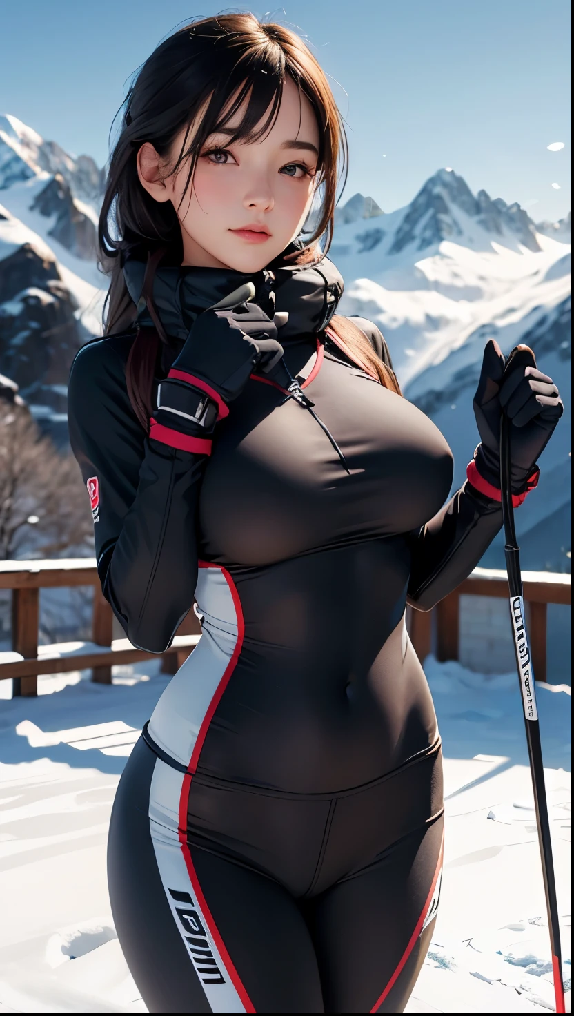 Mujer sexy, (sentada culo parado vista desde atras, poses sexys, pechos enormes, muslos gruesos, caderas anchas, culo enorme, piernas musculosas, sentada, Cintura delgada, photograph of a woman, Ski suit on a mountain, Winter Wonderland, chaqueta hinchada, pantalones spandex, traje de squiz, Arte de pintura fotorrealista por Midjourney y Greg Rutkowski), Campo de invierno, Mira el visor, sonrisa seductora, huge breasts, bursting huge breasts, detailed skin, large breasts, wide hips