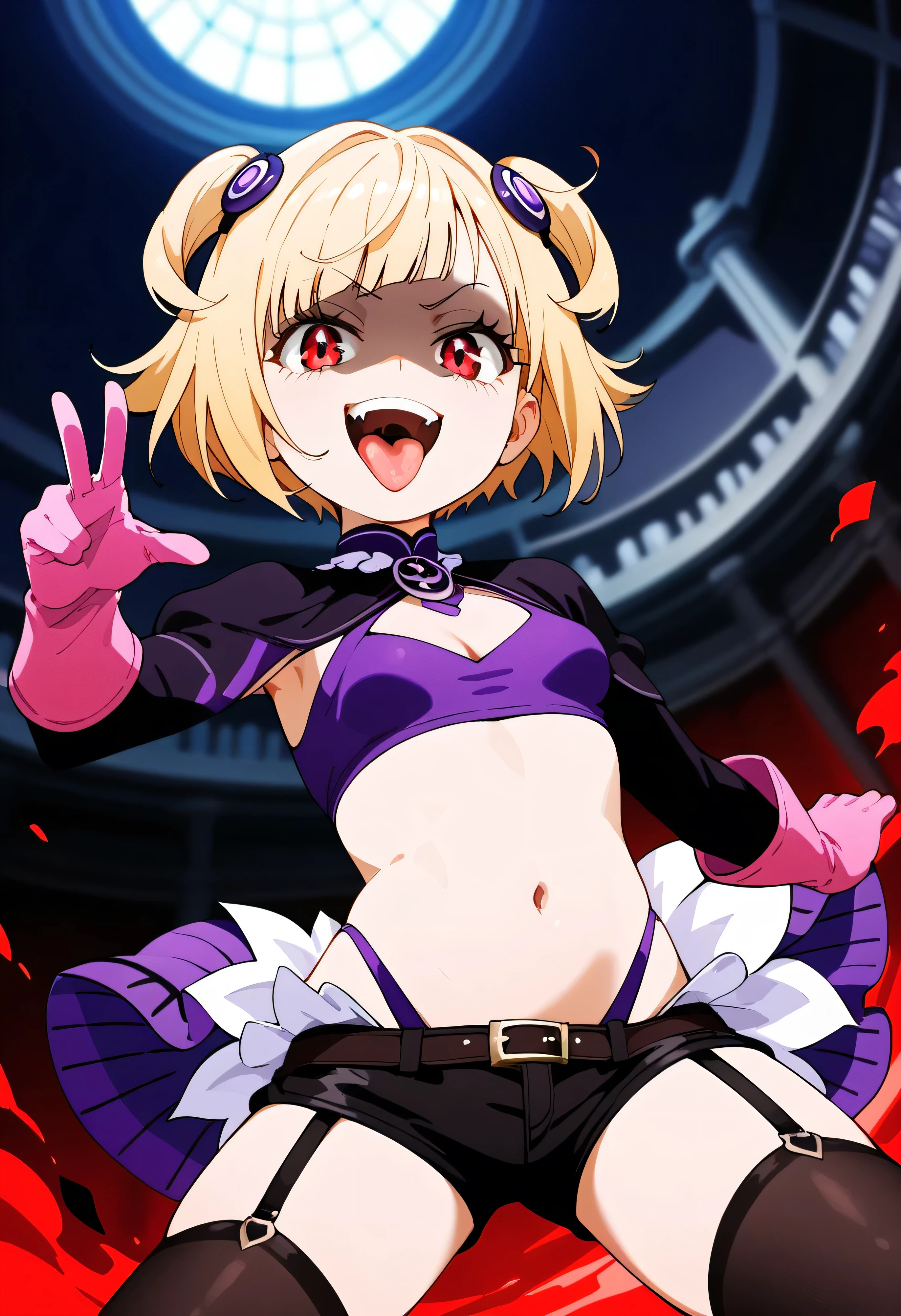 masterpiece, best quality, good quality, newest, CEL, AnFit, red eyes, blonde hair, purple crop top, 1girl, tongue out, black thighhighs, looking at viewer, purple gloves, cowboy shot, short shorts, black shorts, small breasts, highleg panties, hair ornament, , underwear, hand up, panty straps, smile, cleavage cutout, , open mouth, purple panties, two-tone , pink gloves, sidelocks, outline1girl, blonde hair,masterpiece , best quality, , lookin under, ,, smile, purple brassiere, from below,evil laugh, small girl,small loli,beautiful body,villain pose,short hair,shaded face(eyes in shadow),1girl,violence,attack,kick,hell background,