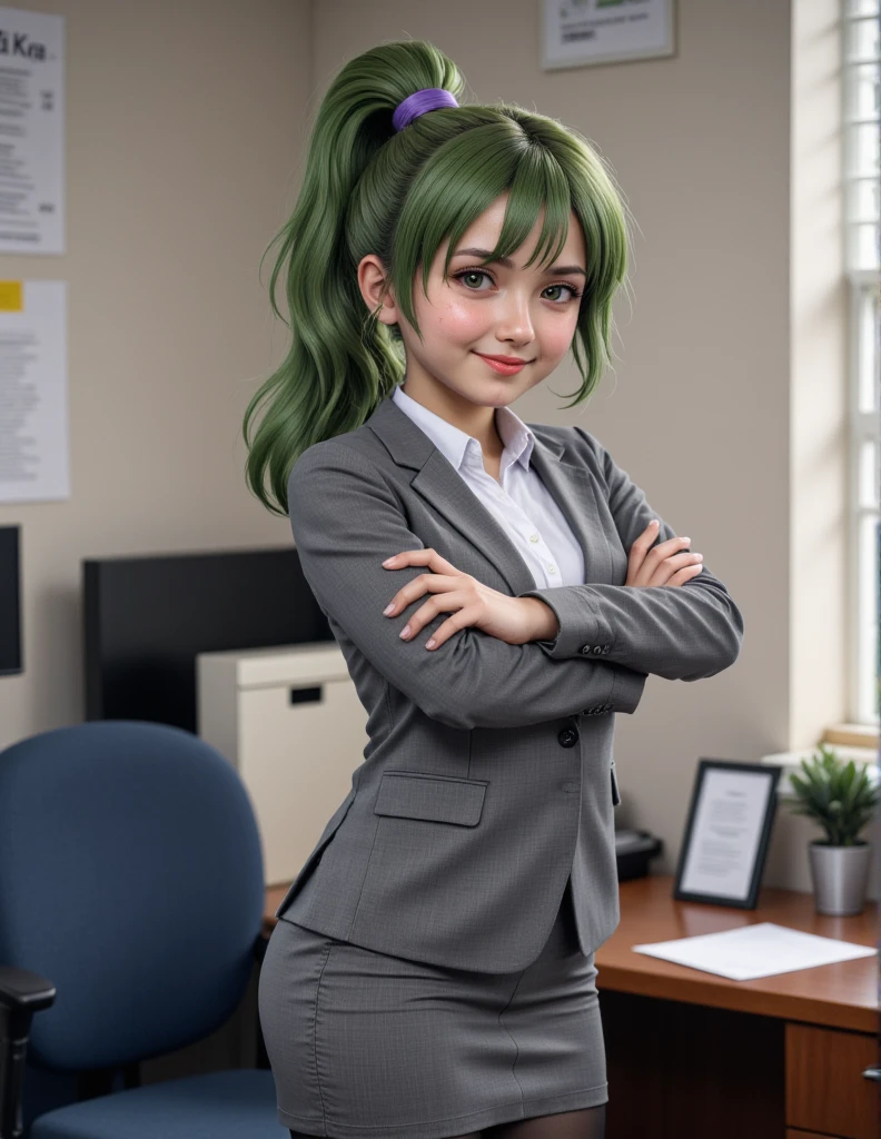 (ultrarealistic:1.3)  igarashifutaba standing in an office environment. She has fair skin and long, green hair tied back in a high ponytail with a purple hair tie. she is smiling with a smug expression. She is wearing a gray blazer over a white dress shirt, black tights, and black shoes. Her arms are crossed in front of her chest, and she is seated on a dark blue office chair with a cushioned backrest.