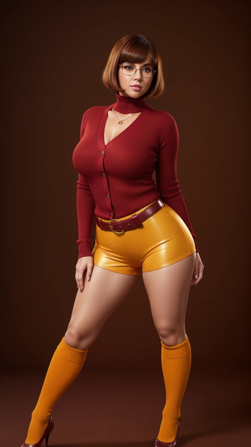 ((masterpiece, best quality, ultra-detailed, ultra-HD, photorealistic, cinematic)), (wide camera shot, full body view:1.5), (sensual pose, standing), (alluring and voluptuous female as Velma Dinkley:1.2), tight and thin yellow pants, perfect anatomy, perfect face, proportioned hands, (deep shade of auburn with a slight natural wave hair color, chin-length bob with blunt bangs hairstyle:1.3), (retro-chic style outfit, knee-length and maroon turtleneck dress:1.2), (a matching maroon belt that cinches at her waist:1.2), (thick-framed black square glasses), (wears knee-high, mustard-yellow socks that peek out just above her brown, sensible lace-up shoes), (sports a delicate, gold pendant necklace), (vibrant orange cardigan slung over her shoulders), ((dynamic background)), leather tight shorts