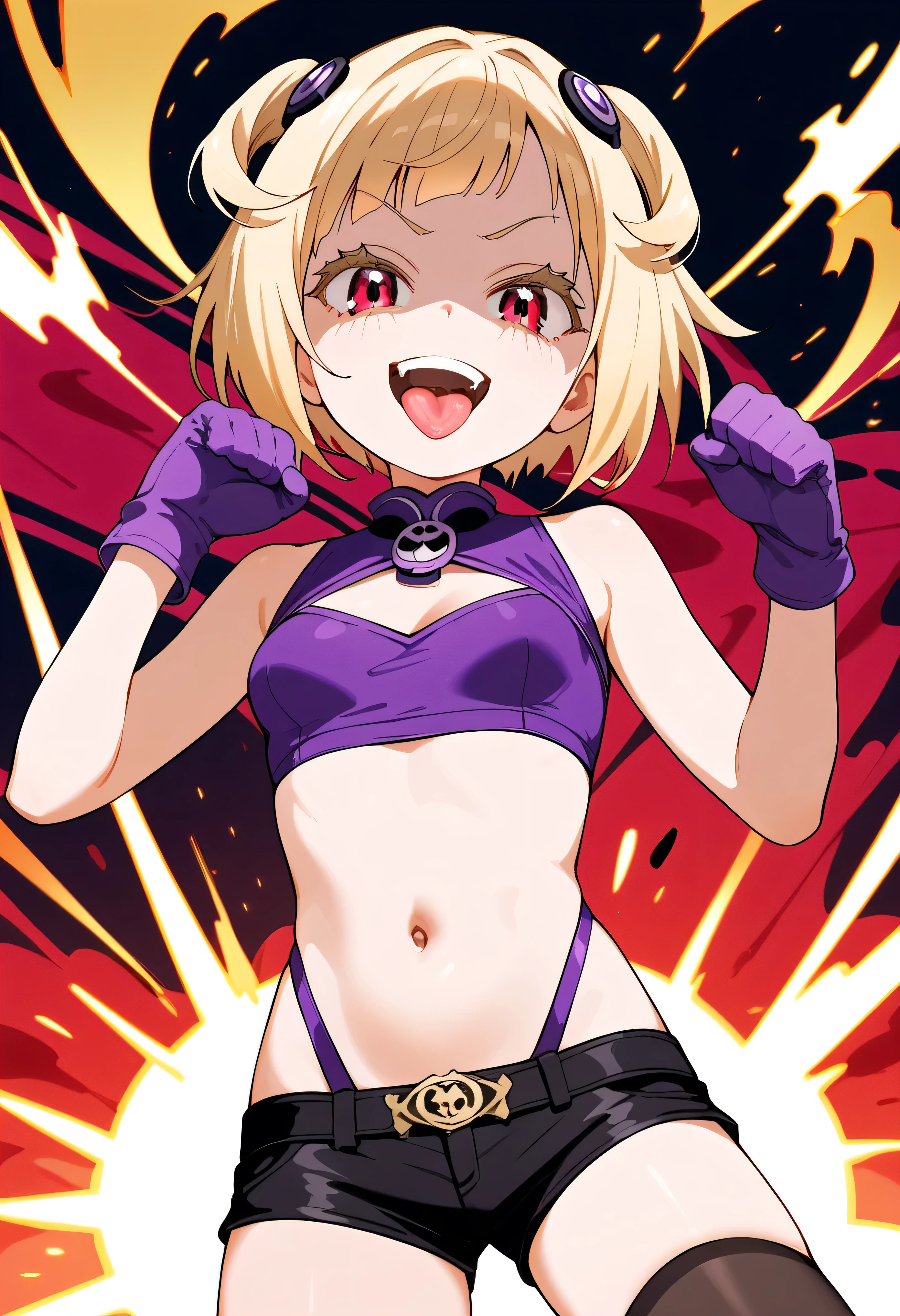 masterpiece, best quality, good quality, newest, CEL, AnFit, red eyes, blonde hair, purple crop top, 1girl, tongue out, black thighhighs, looking at viewer, purple gloves, cowboy shot, short shorts, black shorts, small breasts, highleg panties, hair ornament, , underwear, hand up, panty straps, smile, cleavage cutout, , open mouth, purple panties, two-tone , pink gloves, sidelocks, outline1girl, blonde hair,masterpiece , best quality, , lookin under, ,, smile, purple brassiere, from below,evil laugh, small girl,small loli,beautiful body,villain pose,short hair,shaded face(eyes in shadow),1girl,violence,attack,kick,hell background,