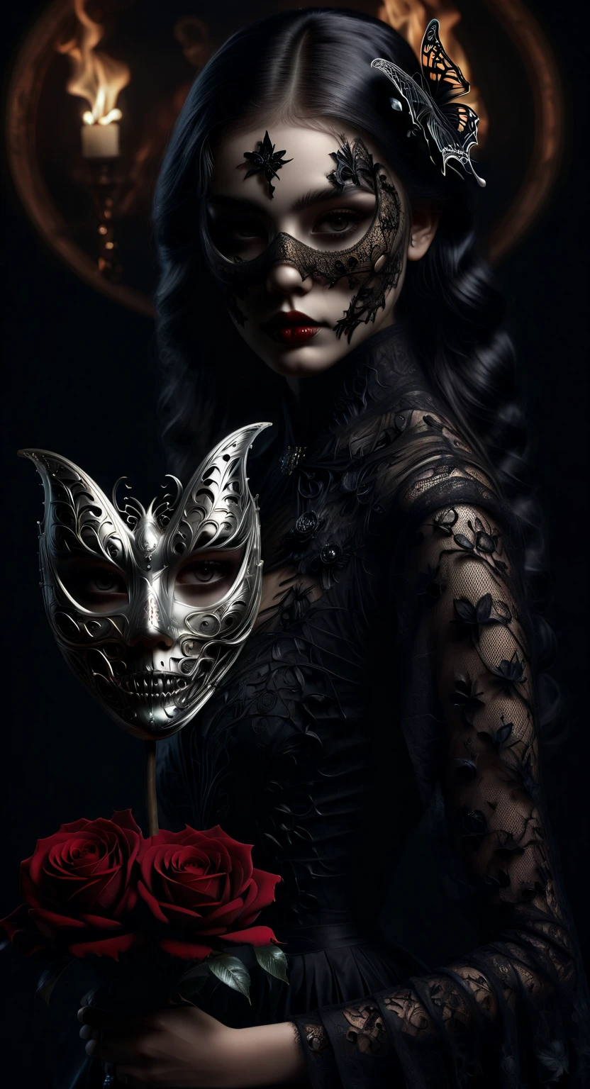 (best quality,4k,8k,highres,masterpiece:1.2),ultra-detailed,(realistic,photorealistic,photo-realistic:1.37),gothic art,girl with mask,lace dress,thorny rose,creepy,terrifying,burning butterfly,holding a skull.