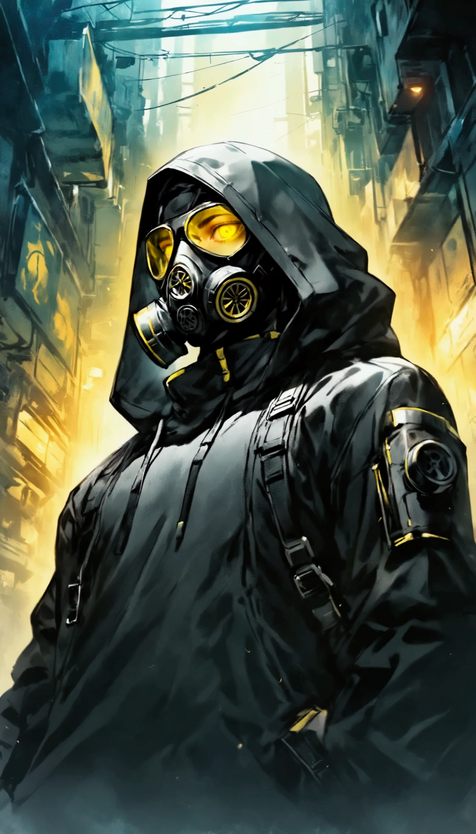 male,    He wears a black gas mask that covers his face   .,  The gas mask has yellow details and yellow details on the eyes and filter.,    Black clothing with cyberpunk design   ,    Metallic texture y mechanical decorations in some places   .,  deep black sweatshirt    , Thin and tall,    Tight clothing with visible body lines . . ., head on,    Composition like a scene from a movie   ,   dutch angle  , implacable, calm, cruel, and ruthless   . Thin and tall,    Tight clothing that reveals body lines . . .,    drawn to the upper body   ,    waiting with interest   ,    Composition like a scene from a movie   ,   dutch angle  , implacable and calm,     relentless and relentless in its pursuit of its opponents    ,    Cold-blooded thinking with no means to an end   ,    Air pollution and toxic fumes in the air   ,  dystopian environment .