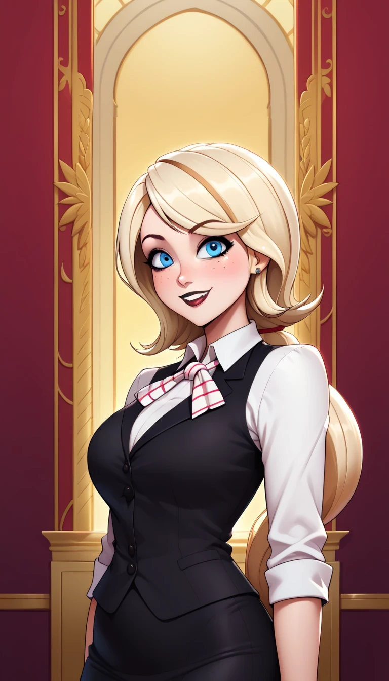 a girl,8k highly detailed, casual games, , 3D art style, Half body photo,dealer,White background,big eyes,blond,charming,dealer,playing cards in hand,mature woman,solid color background,long hair,Smile,The upper circumference is plump