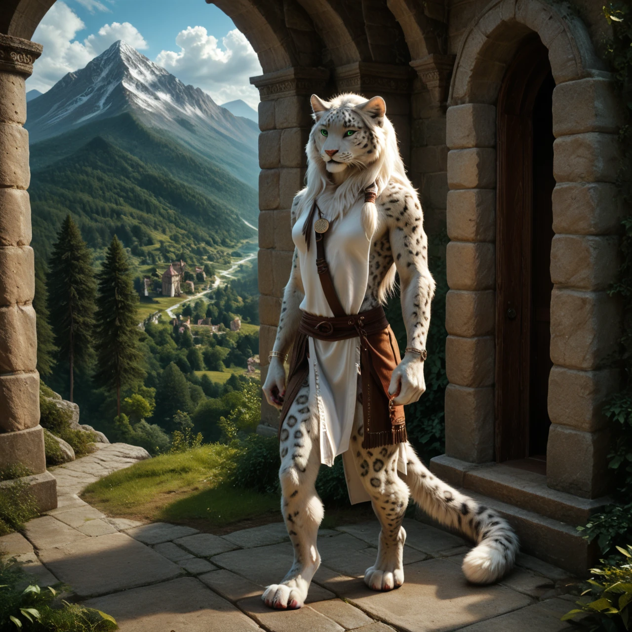 score_9, score_8_up, score_7_up, score_6_up, chapel, white leopard, male, with mane, monk, anthro, she prepares the soup, felid, feline, standing, human-like hands, (detailed background), nature, in the high mountains, fur, solo, high quality, furred body, paws, handpaw, fluffy, silver bracelets on the legs, (detailed eyes, green eyes), slightly muscled, highly detailed, realistic fur, beautiful, photorealism, photorealistic, dslr, photo, expressive, full body, pawpads, paw pads, dutch angle, with claws, silver collar with medallion