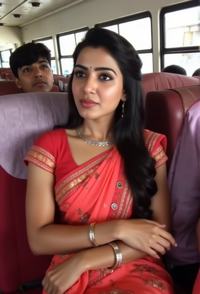 NSFW, Samantha is masturbating in a public bus in India, people are round her. She is horny and giving seducing looks. Looking into the viewers.