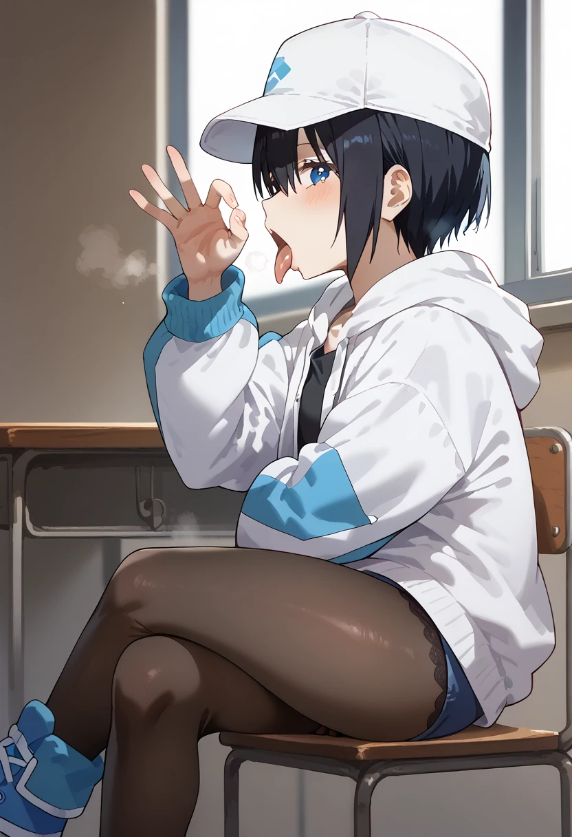  score_9, score_8_  up, score_7_  up,  Uncensored Sauce _Anime, fellatiogesturefromside6135,   Fellatio Gestures  , from side,   noa, short hair, black hair, hair between eyes, dark blue eyes,casual outfit, white cap, white hoodie, drawstring, open jacket, long sleeves, black shirt, blue denim shorts, black pantyhose, blue footwear,Noah's Tongue ,    opening mouse  ,   shake head,   heavy breathing,
Sit backwards, chair, Improve,   crosses legs, classroom,   lace panties,   camel toe , 