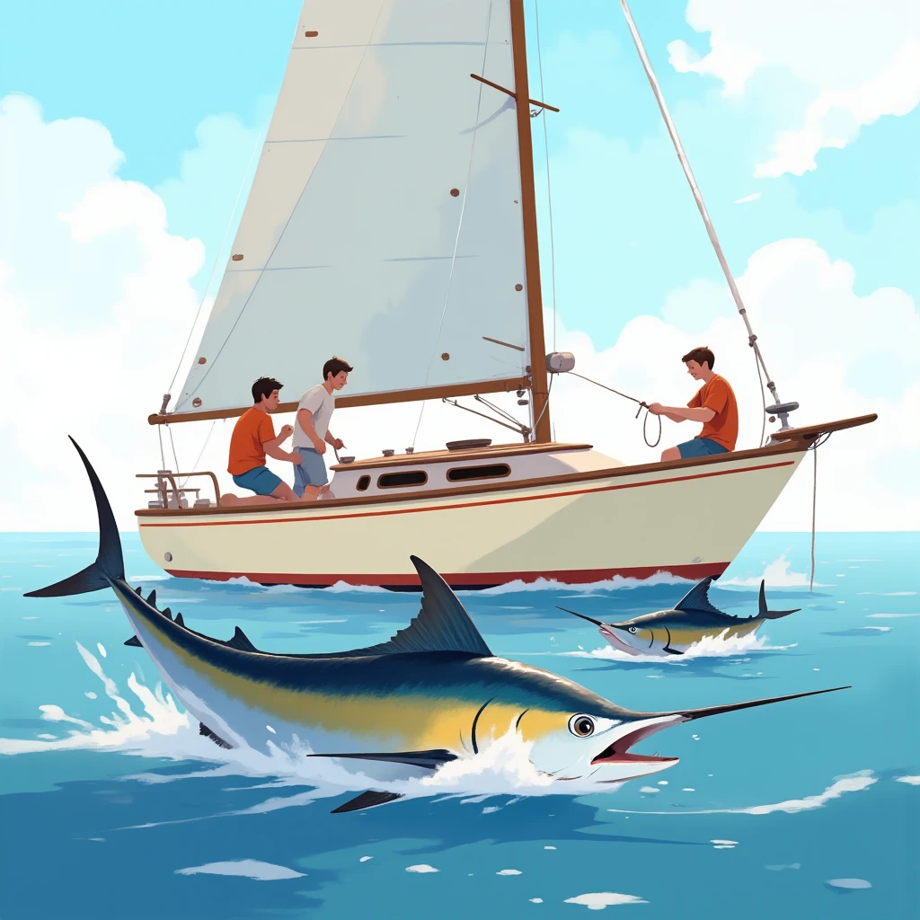 Flat detail of a large sailfish and two sawfish caught by young people who are in a cream-colored sailboat,  with a red stripe on the top of the bow, Sunny day, calm sea, alta definición
