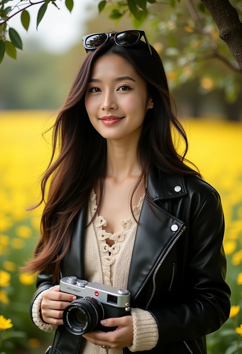 A young woman stands beneath a tree in a vibrant yellow flower field, exuding effortless cool in a stylish black leather jacket over a light knitted sweater, her long, dark hair flowing freely. She holds a Leica camera, sunglasses perched on her head, gazing directly at the camera with a soft, confident expression. Warm, natural light illuminates her face, accentuating the intricate lace details of her sweater, while the subtle bokeh of the 90mm portrait lens blurs the flowers, emphasizing her relaxed, casual street style in an everyday setting.