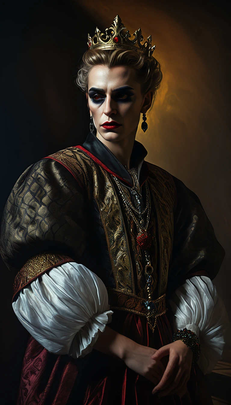 kefka palazzo, dark fantasy, sinister, plotting against the king, caravaggio style oil painting, chiaroscuro lighting, dramatic,intricate details, cinematic composition, muted color palette, dramatic shadows, detailed facial features, piercing gaze, ornate clothing, regal setting, castle interior, (best quality,4k,8k,highres,masterpiece:1.2),ultra-detailed,(realistic,photorealistic,photo-realistic:1.37)