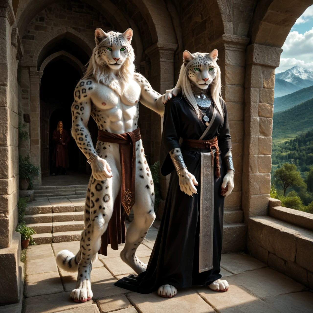 score_9, score_8_up, score_7_up, score_6_up, chapel, white leopard, male, with mane, monk, anthro, she prepares the soup, felid, feline, standing, human-like hands, (detailed background), nature, in the high mountains, fur, solo, high quality, furred body, paws, handpaw, fluffy, silver bracelets on the legs, (detailed eyes, green eyes), slightly muscled, highly detailed, realistic fur, beautiful, photorealism, photorealistic, dslr, photo, expressive, full body, pawpads, paw pads, dutch angle, with claws, silver collar with medallion