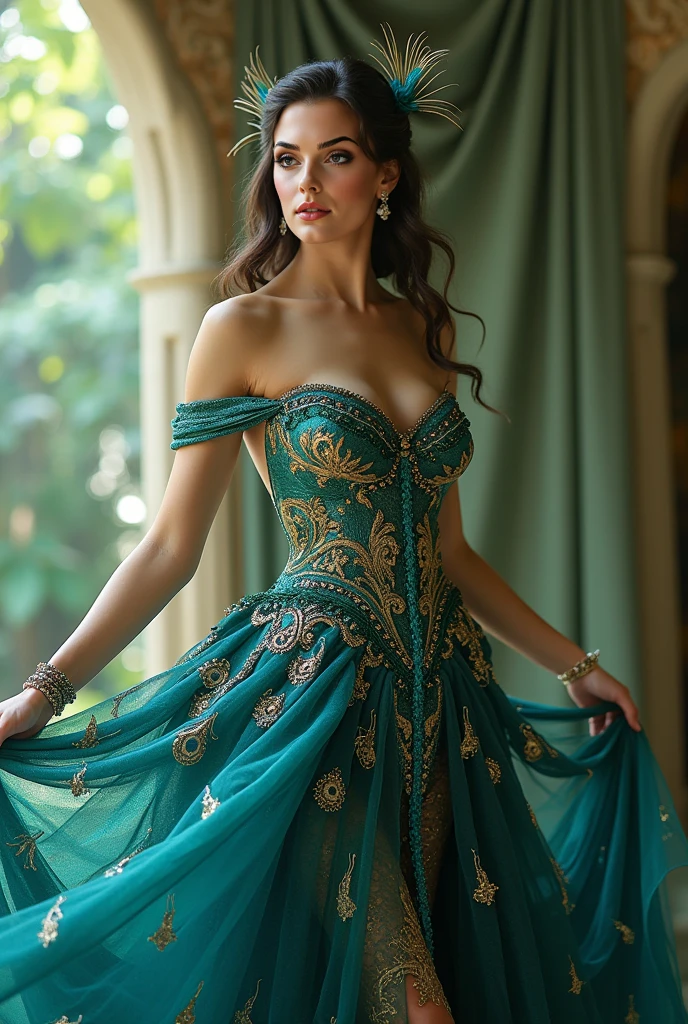 23 year old woman, standing, seductive, smooth skin, shoulder length brown hair, bright blue green eyes, thin eyebrows, fair skin, blushing cheeks, perfect body, princess in ball gown dances a courtly dance with a handsome prince, ballroom in the palace, high detail, feminine facial features, slim, slender, high resolution, real girl, realism, realistic, soft lighting