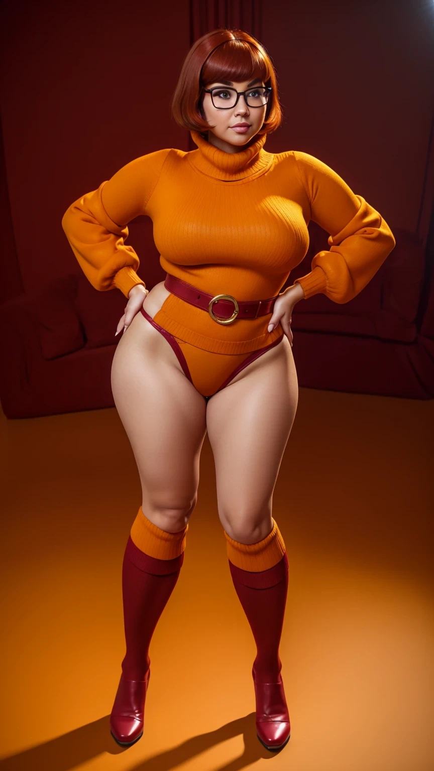 ((masterpiece, best quality, ultra-detailed, ultra-HD, photorealistic, cinematic)), (wide camera shot, full body view:1.5), (sensual pose, standing), (alluring and voluptuous female as Velma Dinkley:1.2), tight and thin yellow pants, perfect anatomy, perfect face, proportioned hands, (deep shade of auburn with a slight natural wave hair color, chin-length bob with blunt bangs hairstyle:1.3), (retro-chic style outfit, knee-length and maroon turtleneck dress:1.2), (a matching maroon belt that cinches at her waist:1.2), (thick-framed black square glasses), (wears knee-high, mustard-yellow socks that peek out just above her brown, sensible lace-up shoes), (sports a delicate, gold pendant necklace), (vibrant orange cardigan slung over her shoulders), ((dynamic background)), leather tight shorts, camel toe