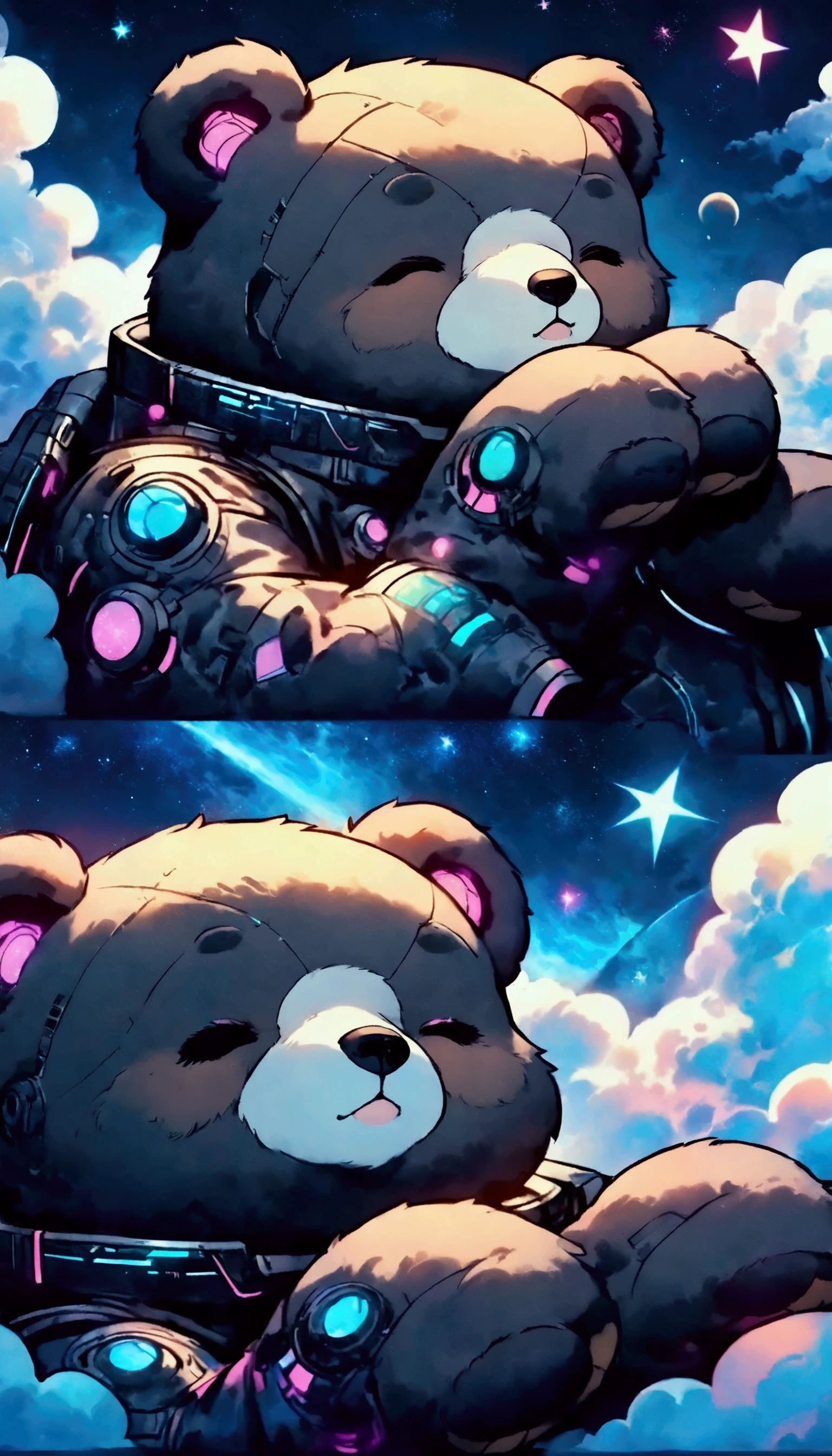 (  Cute cartoon style rendering  :1.3), (((  close up of a mighty bear sleeping on soft clouds))), (Elegant and complete cyberpunk space suit  :1.2), (()),  dark fur , epic space landscape,   black holes, (( Bright Stars  )), intricate design,   bright colors ,  masterpiece in a maximum resolution of 16K ,   better quality ,   ultra detailed  , aesthetics, absurdo.