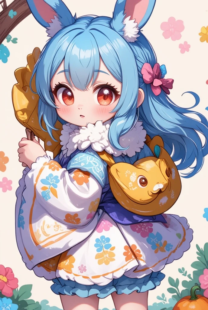 1girl, (furry girl, anthro rabbit:1.5), cute flat 2d anime illustration, animal nose, obi, long hair, blue hair, yellow eyes, braid, open mouth, ahoge, multicolored hair, blush, hair between eyes, streaked hair, colored tips, breasts, :d, hair flower, half updo, looking back, japanese clothes, japanese yukata, hair ornament, yukata, floral print, sash, looking at viewer, flower, solo, holding, upper body, from side, print kimono, smile, blue kimono, paper fan, holding fan, heart, uchiwa