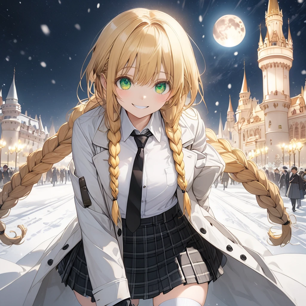 ( One girl ), ,heterrochromia, green eyes , orange eyes ,blonde hair,  long hair, (smile:1.5)、blush, (long braid sidelocks:1.5), ,( small tits:1.5),( white overcoat :1.5)、( white button shirt:1.5),(black plain tie :1.5),( black plaid mini skirt:1.5),(white thigh high :1.5)、gloves、,snow,night、moon、 European castle promenade、front、(whole body:1.5)、( perfect anatomy ),( best quality), ( ultra hi-res), (超 high definition ), ( Highly Detailed CG), (32K), (masterpiece)、eyesHD