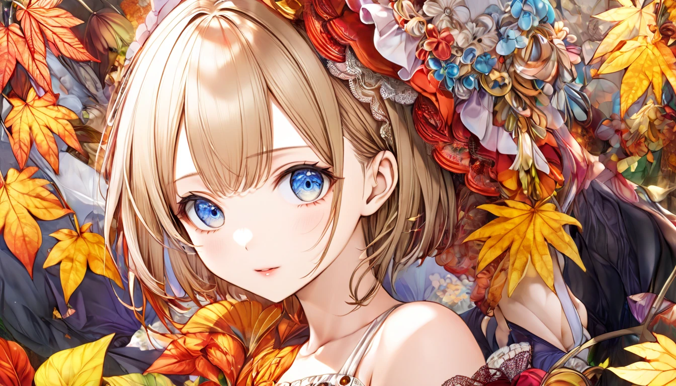 masutepiece, Best Quality, Illustration, Ultra-detailed, finely detail, hight resolution, 8K Wallpaper, Perfect dynamic composition, Beautiful detailed eyes, Women's Fashion Autumn,Medium Hair,Small breasts natural color lip,,Harajuku、20 years girl、Cute、Sexy shot looking at camera、autumnal、Wood Bright、Transparency、Sadness face、