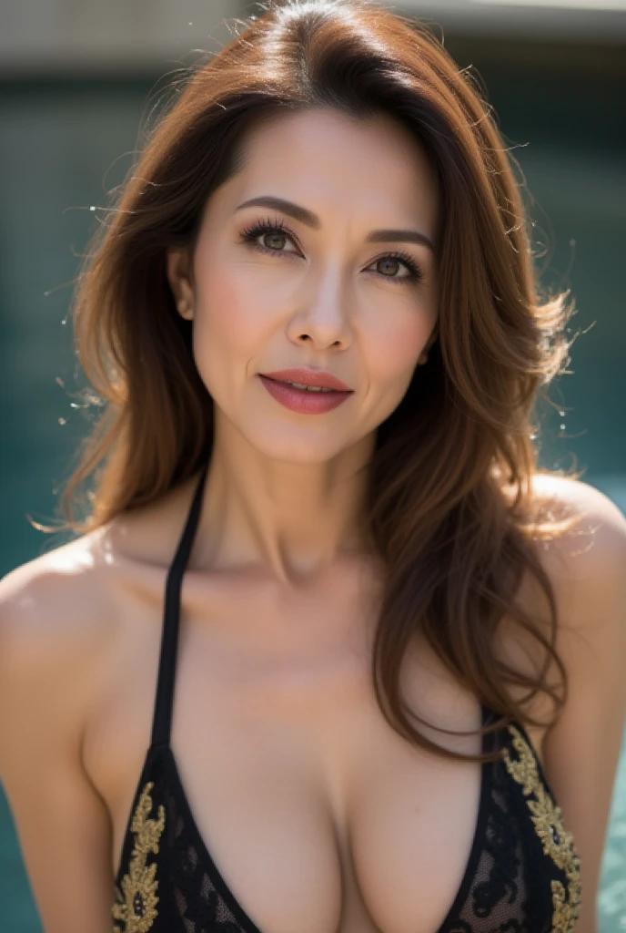 Mature Woman, ( Detailed description of the hair), (Detailed description of the face), (Detailed description of the body), High Definition , masterpiece,  top quality ,  High Details, formal: 1.4), ( realistic : 1.2, 超 realistic な: 1.1,  realistic: 1.37), ( sharp focus : 1.4),  is written by,  looking up with moist eyes,  wavy hair , ,  unrivaled beauty , (Ultimate beauty), (lipstick:1.1), ( eyeliner :1.2), ( mascara), ( Eye Shadow ), (48 years old,: 1.4), Japanese、 closeup 、 fine lines of laughter :1.2、seductive smile,( BLACK X HIGH WAIST BIKINI AND GOLD DECORATED SWIMSUIT)、(LUXURY RESORT POOLSIDE BACKGROUND )
