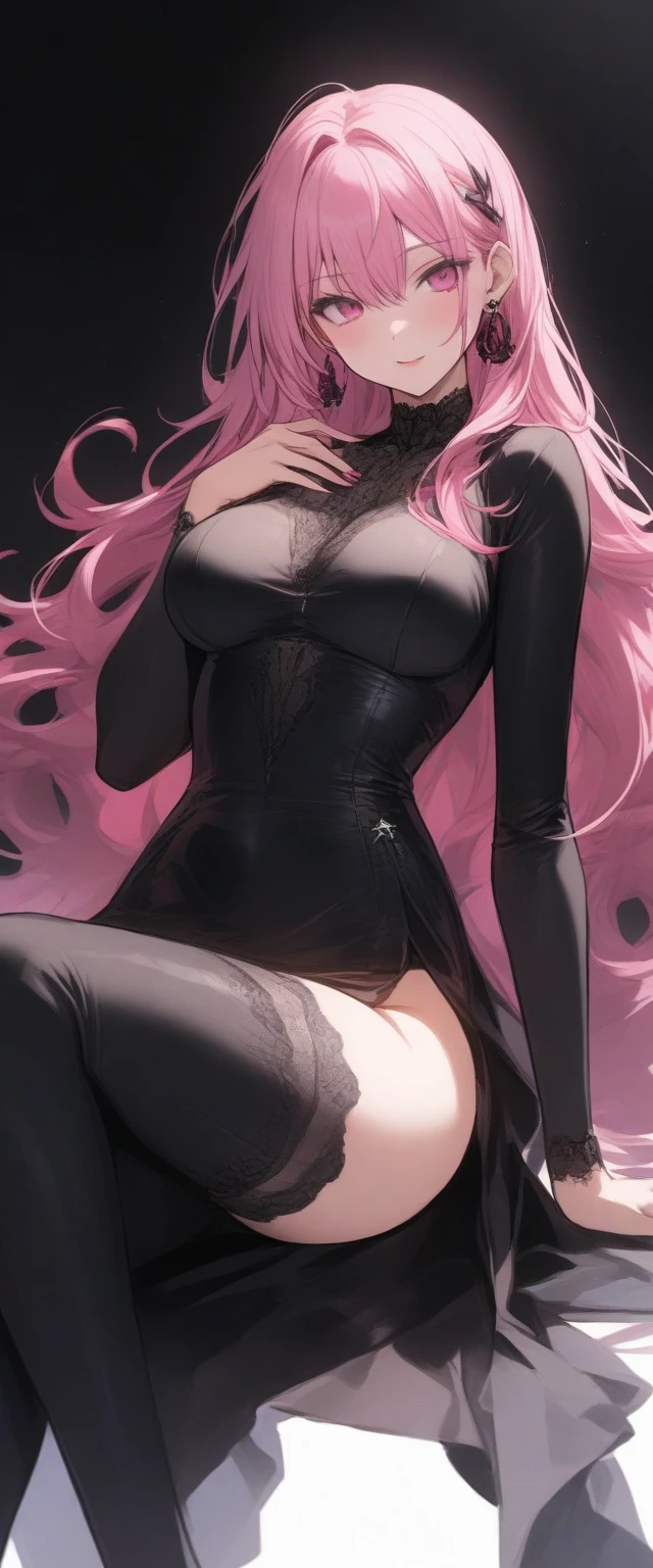 (best quality,4k,8k,highres,masterpiece:1.2),ultra-detailed,realistic,beautiful girl in black dress and black stockings with pink hair, perfectly shaped body, slightly blushed face, exuding irresistible charm.