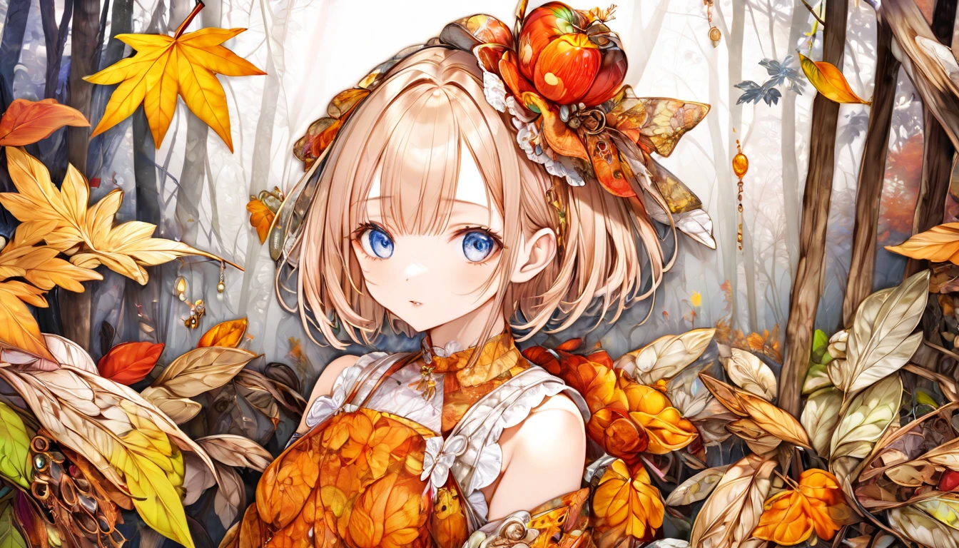 masutepiece, Best Quality, Illustration, Ultra-detailed, finely detail, hight resolution, 8K Wallpaper, Perfect dynamic composition, Beautiful detailed eyes, Women's Fashion Autumn,Medium Hair,Small breasts natural color lip,,Harajuku、20 years girl、Cute、Sexy shot looking at camera、autumnal、Wood Bright、Transparency、Sadness face、