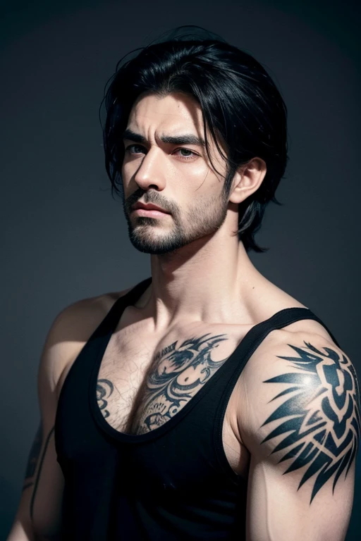 Webtoon-style portrait of a brooding, rugged-looking man with long, disheveled black hair and a chiseled jawline. His skin is unnaturally pale, giving him a sickly, haunted appearance. He wears a white tank top, revealing muscular arms covered in tattoos. The figure has a sullen, intense expression, with dramatic chiaroscuro lighting casting deep shadows across his gaunt, haggard features.