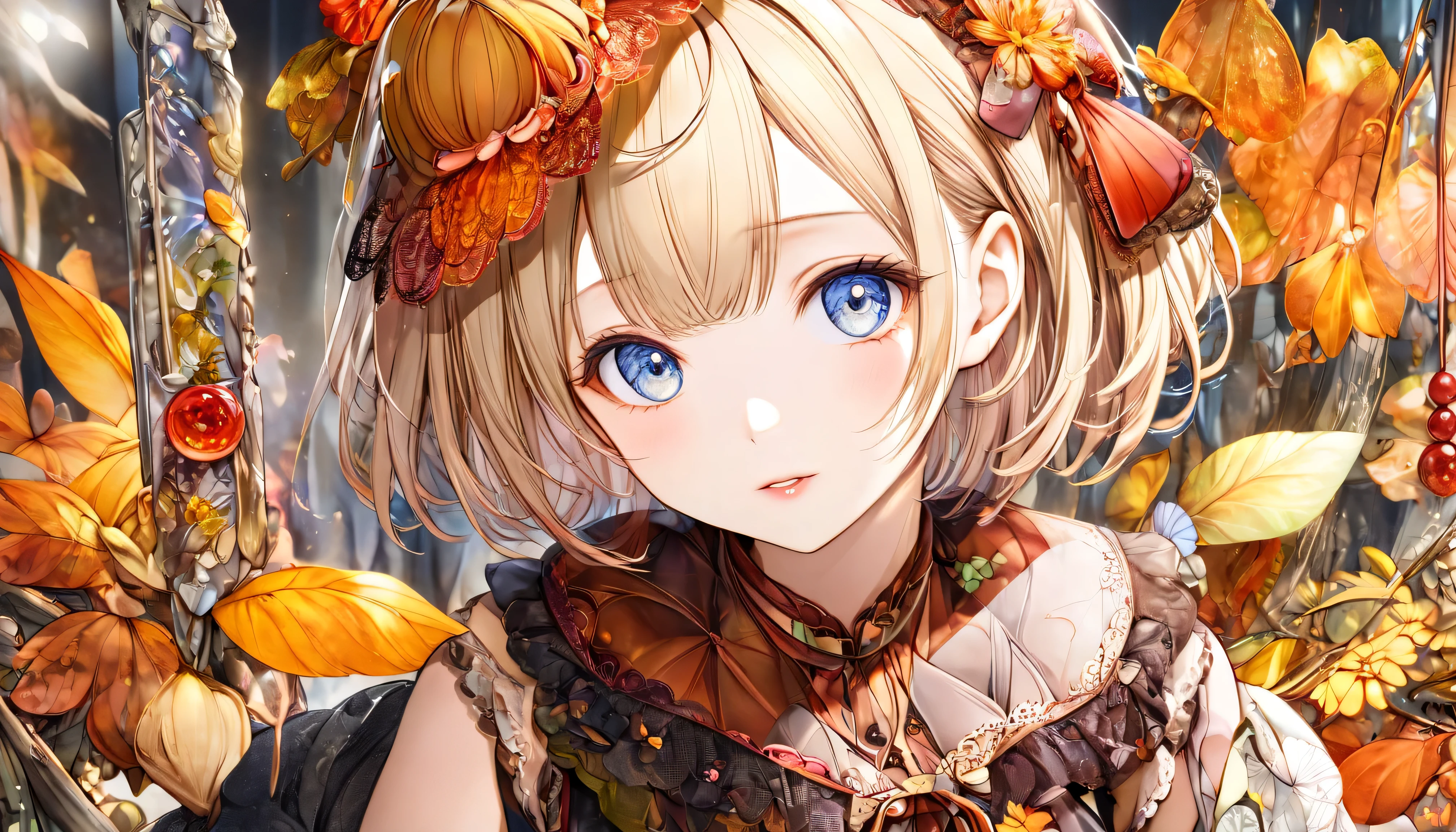 masutepiece, Best Quality, Illustration, Ultra-detailed, finely detail, hight resolution, 8K Wallpaper, Perfect dynamic composition, Beautiful detailed eyes, Women's Fashion Autumn,Medium Hair,Small breasts natural color lip,,Harajuku、20 years girl、Cute、Sexy shot looking at camera、autumnal、Wood Bright、Transparency、Sadness face、