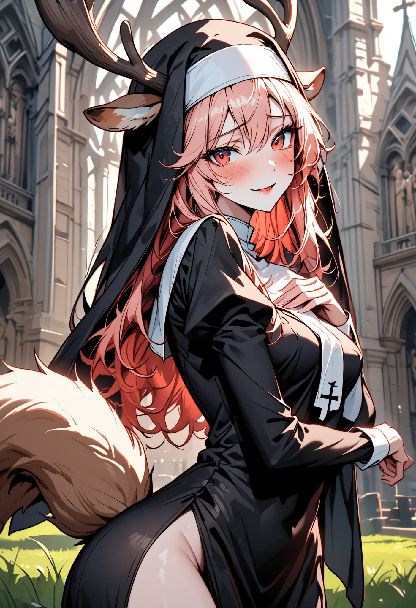 solo, female, close up, nun, tall, nun habit, deer antlers, light red hair, long hair, red eyes, curvy, slim, pious, church, outdoors, dress slit, grass, medium breasts, blush, shy, smile, hand on breasts, large ass, large deer tail, Juliet sleeves, long sleeves, slightly scared, short perky tail, white tail fluff, deer ears, deer body, deer lower body