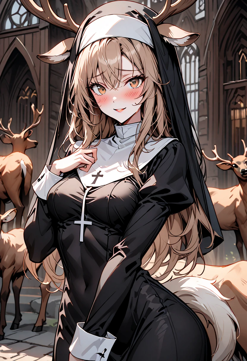 solo, female, close up, cowboy shot, nun, deer centaur, tall, nun habit, deer antlers, light brown hair, long hair, light brown eyes, curvy, slim, pious, wooden town church, outdoors, medium breasts, blush, shy, smile, pose, Juliet sleeves, long sleeves, slightly scared, white tail fluff, deer ears, deer body, deer lower body