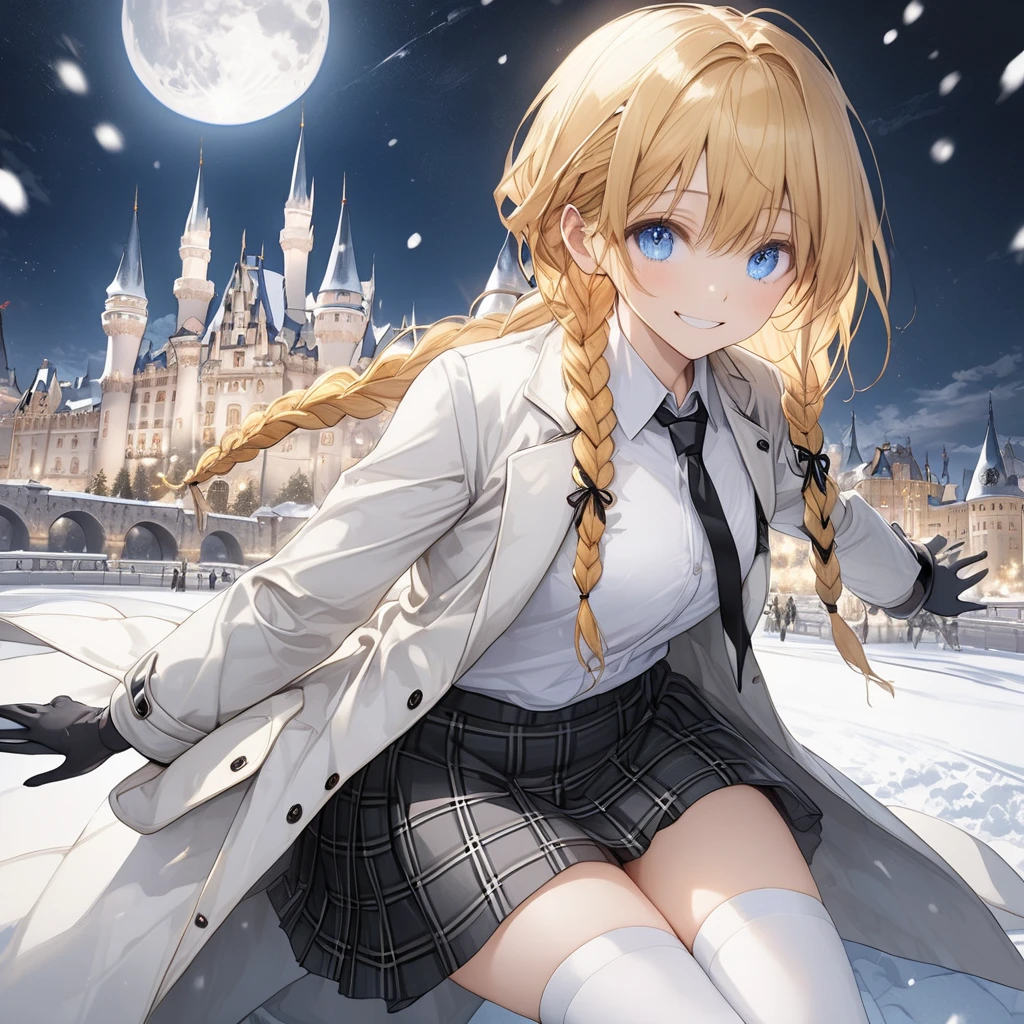 ( One girl ), ,heterrochromia, blue eyes , orange eyes ,blonde hair,  long hair, (smile:1.5)、blush, (long braid sidelocks:1.5), ,( small tits:1.5),( white overcoat :1.5)、( white button shirt:1.5),(black plain tie :1.5),( black plaid mini skirt:1.5),(white thigh high :1.5)、gloves、,snow,night、moon、 European castle promenade、front、(whole body:1.5)、( perfect anatomy ),( best quality), ( ultra hi-res), (超 high definition ), ( Highly Detailed CG), (32K), (masterpiece)、eyesHD