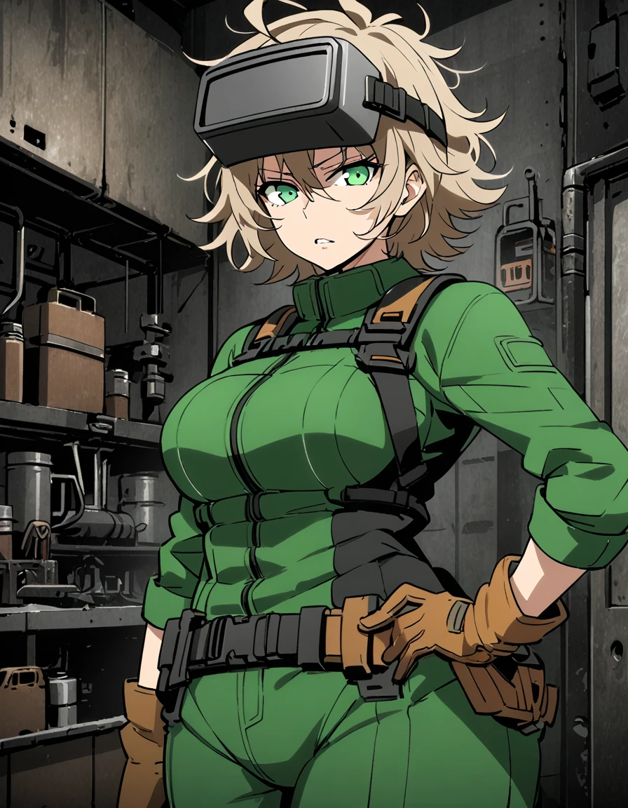 mature, looking at viewer, female, garage background, messy hair, short hair, parted lips, hair between eyes, ahoge, standing, green eyes, body suit, belt with tools, welding mask on her hip, tall, gloves, frown