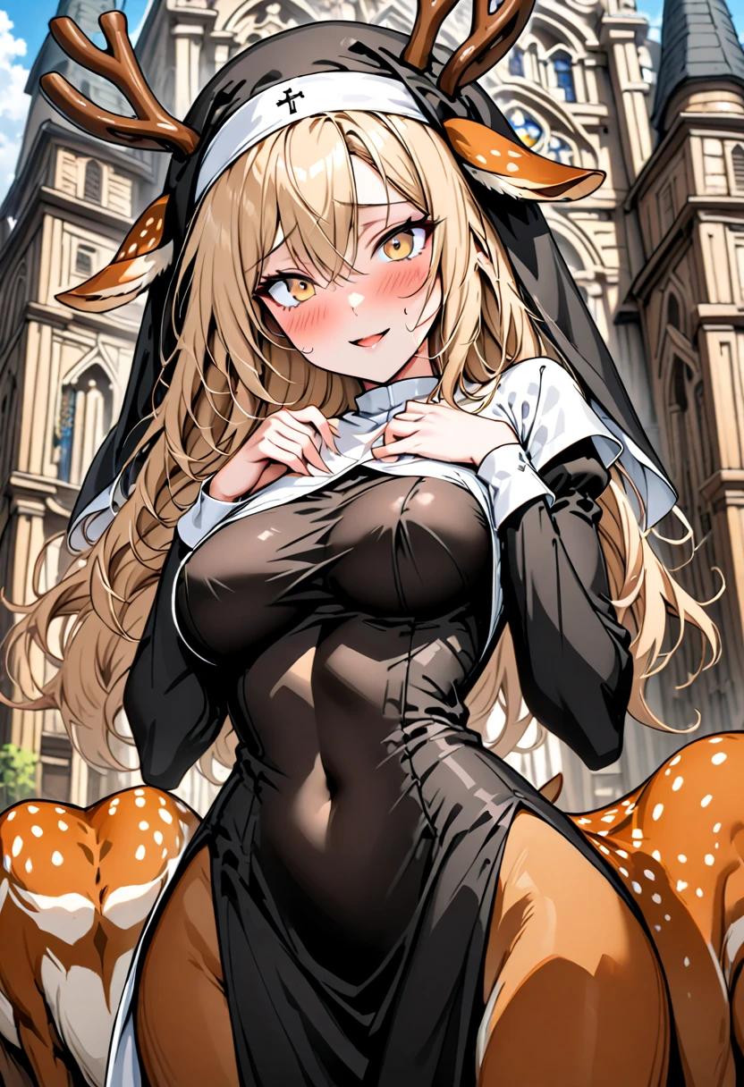 (HD, Sharp, Fractal), 1 woman, longhair, brown tail, horse ears, horse tail, Super Glossy Skin, Evil Dancer, (crotch tattoo:1.1), designed tight, cameltoe, smile, lips, puckered lips, standing, blindfold, Black turtleneck, slit skirt bow, white leotard, feather-trimmed sleeves, gloves, thigh boots