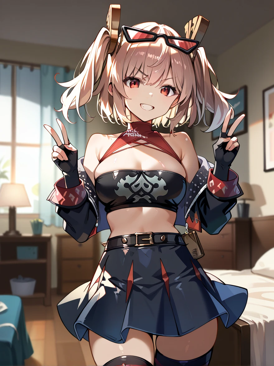 1girl, burnice white, twintails, black skirt, hair ornament, sunglasses on head, latex thighhighs, smile, cropped jacket, off shoulder, bare shoulders , fingerless gloves, sleeveless turtleneck, tube top, cowboy shot, standing, grin, v-shaped eyebrows, looking at viewer, double v, bedroom, indoors, depth of field score_9, score_8_up, score_7_up, source_anime