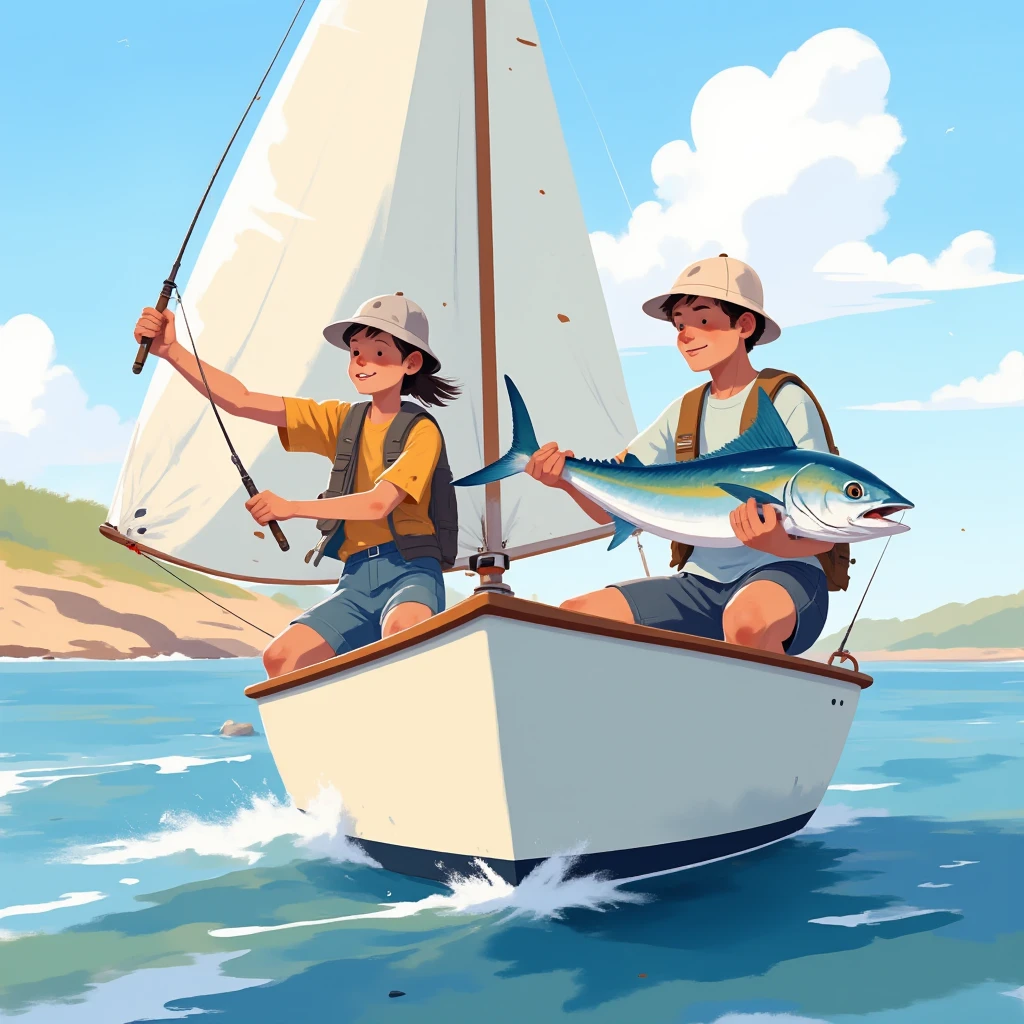 General shot of two young people holding one of a large sailfish and two young people holding sawfish caught by young people who are in a the sailboat is cream-colored,  with a red stripe on the top of the bow, Sunny day, calm sea, alta definición, s illustration  
