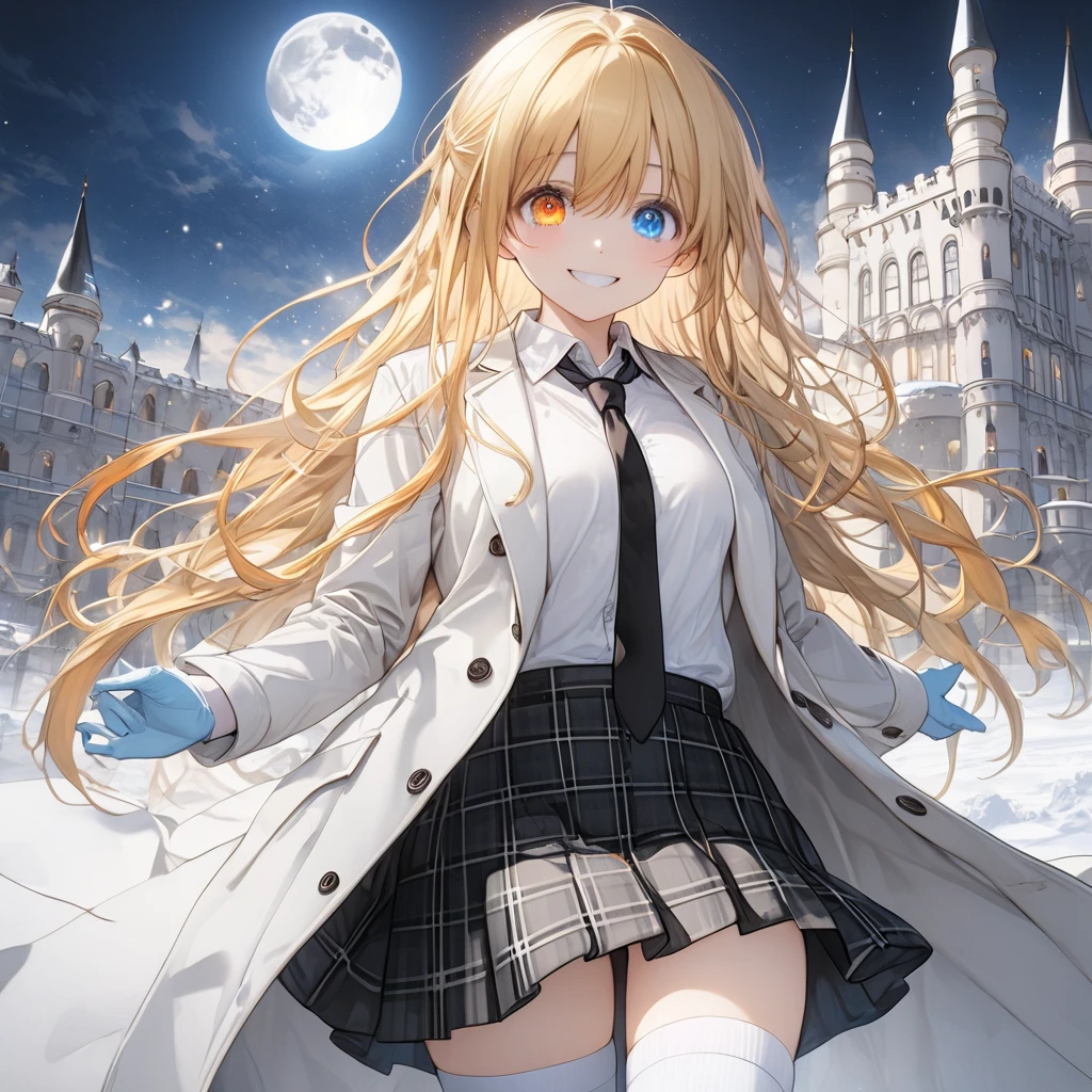 ( One girl ), ((heterrochromia, blue eyes , orange eyes )),blonde hair,  long hair, (smile:1.5)、blush, (long sidelocks:1.5),,( small tits:1.5),( white overcoat :1.5)、( white button shirt:1.5),(black plain tie :1.5),( black plaid mini skirt:1.5),(white thigh high :1.5)、gloves、,snow,night、moon、 European castle promenade、front、(whole body:1.5)、( perfect anatomy ),( best quality), ( ultra hi-res), (超 high definition ), ( Highly Detailed CG), (32K), (masterpiece)、eyesHD