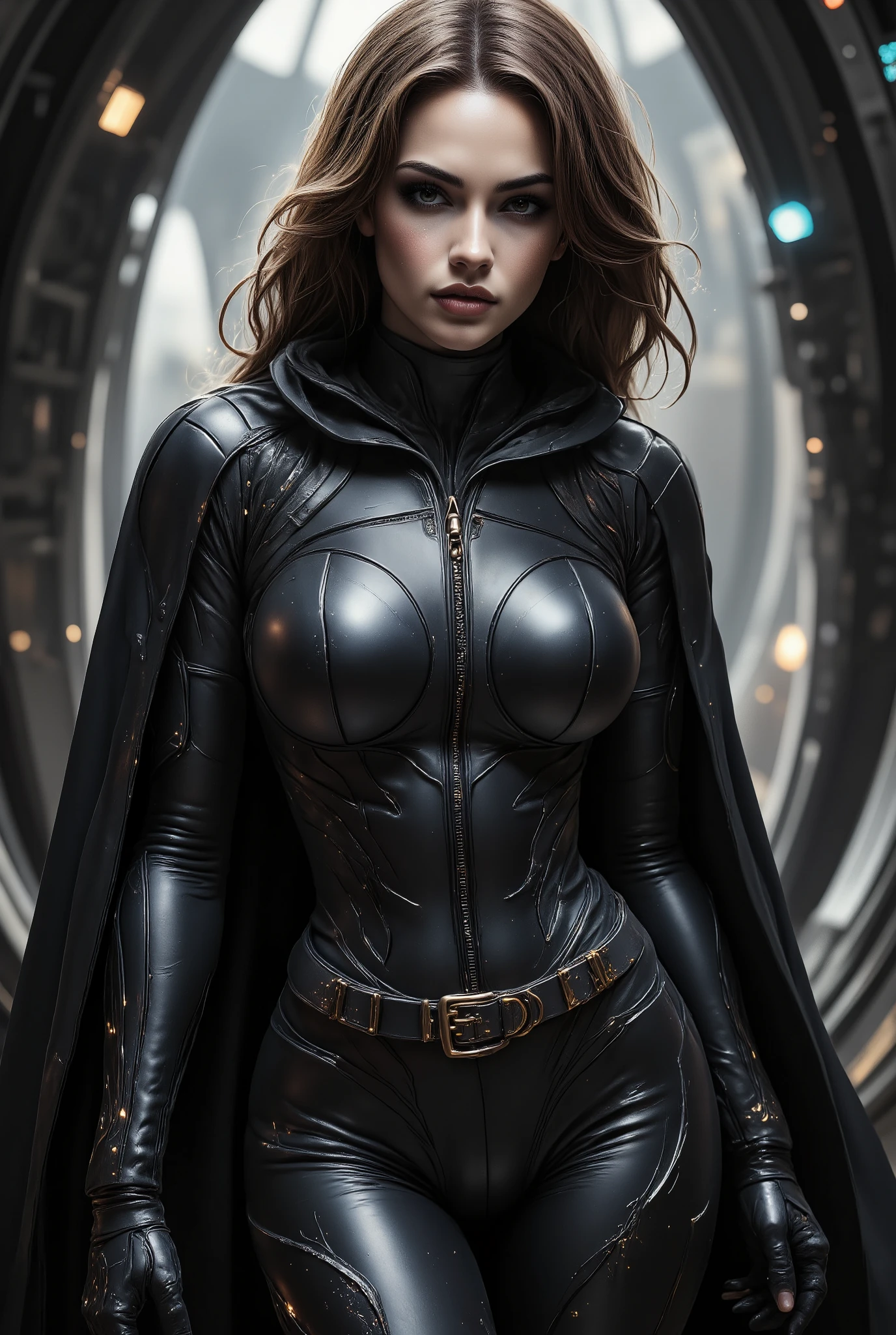 attractive woman in combat clothes, solo,beautiful face, brown hair,black battle suit, sci-fi, science fiction, cape, leather hood,