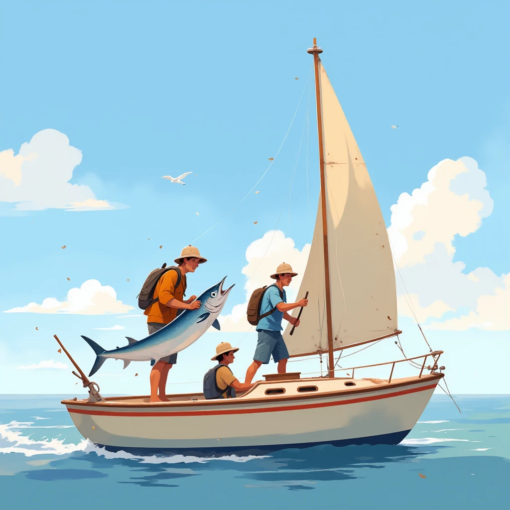 General shot of two young men holding one of a large sailfish caught,  They are on a cream-colored sailboat ,  with a red stripe on the top of the bow, Sunny day, calm sea, alta definición, s illustration  
